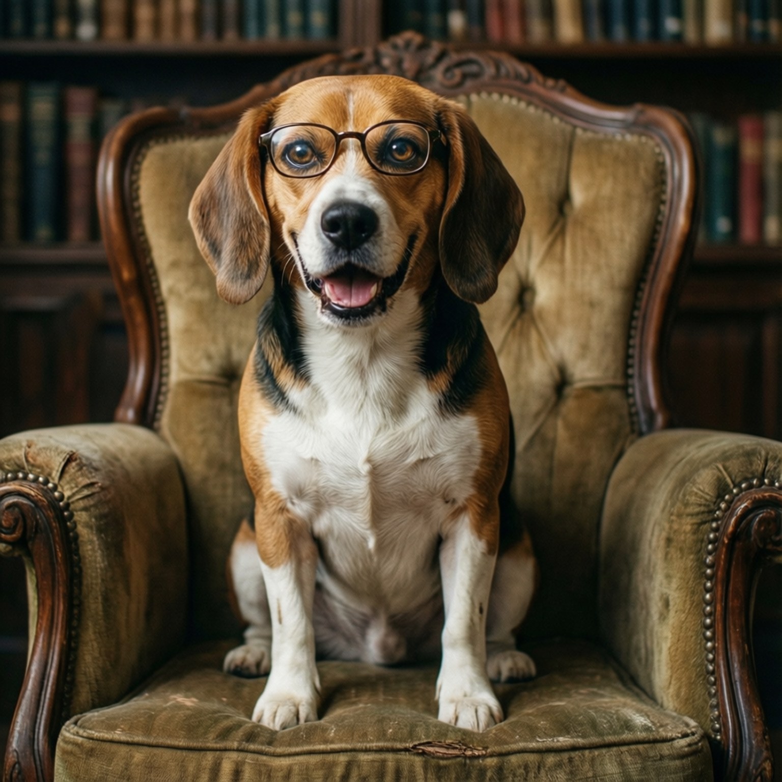 Wise Beagle 壁紙 — 一隻戴眼鏡的比格犬開心地坐在被書架包圍的復古扶手椅上。