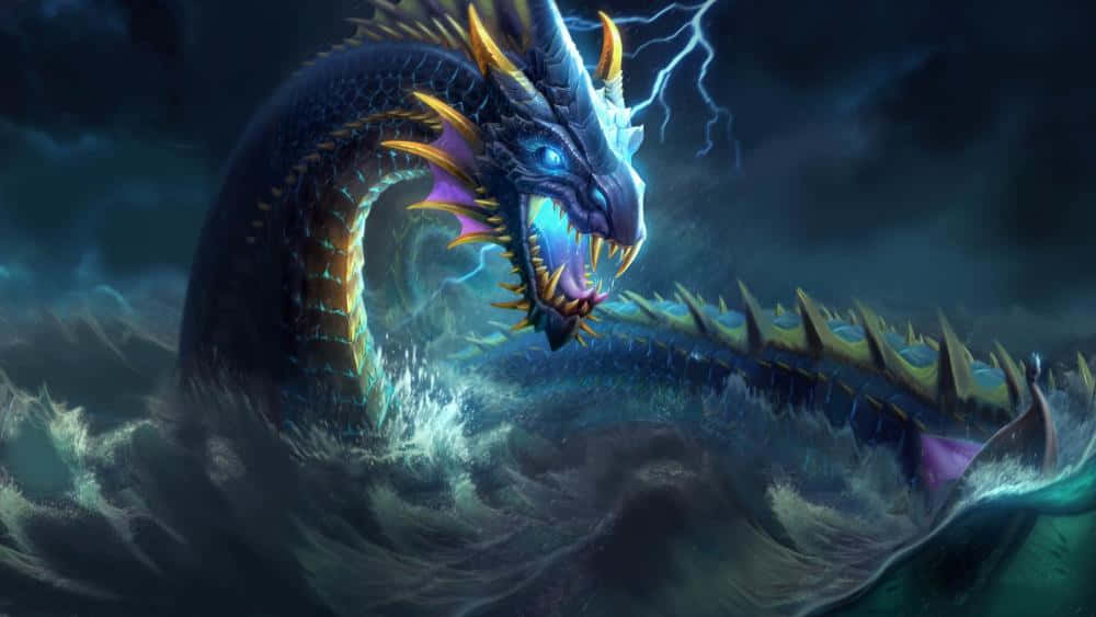  壁紙 — 一隻帶有金色尖刺的巨型藍色龍從暴風雨中出現，閃電在其發光的眼睛和張開的下顎周圍噼啪作響。