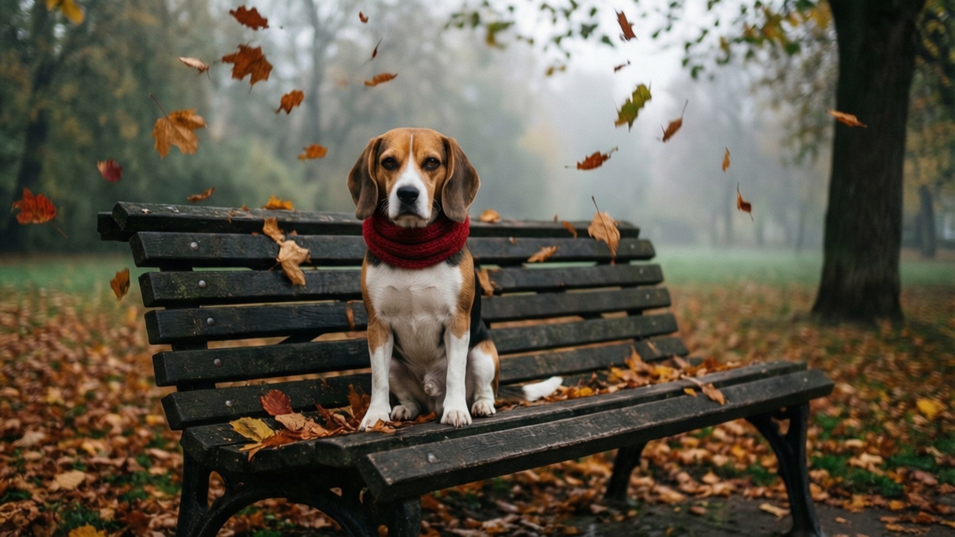 Autumn Park Beagle 壁紙 — 一隻戴著紅色圍巾的比格犬平靜地坐在木長椅上，秋葉在霧氣瀰漫的公園中旋轉。
