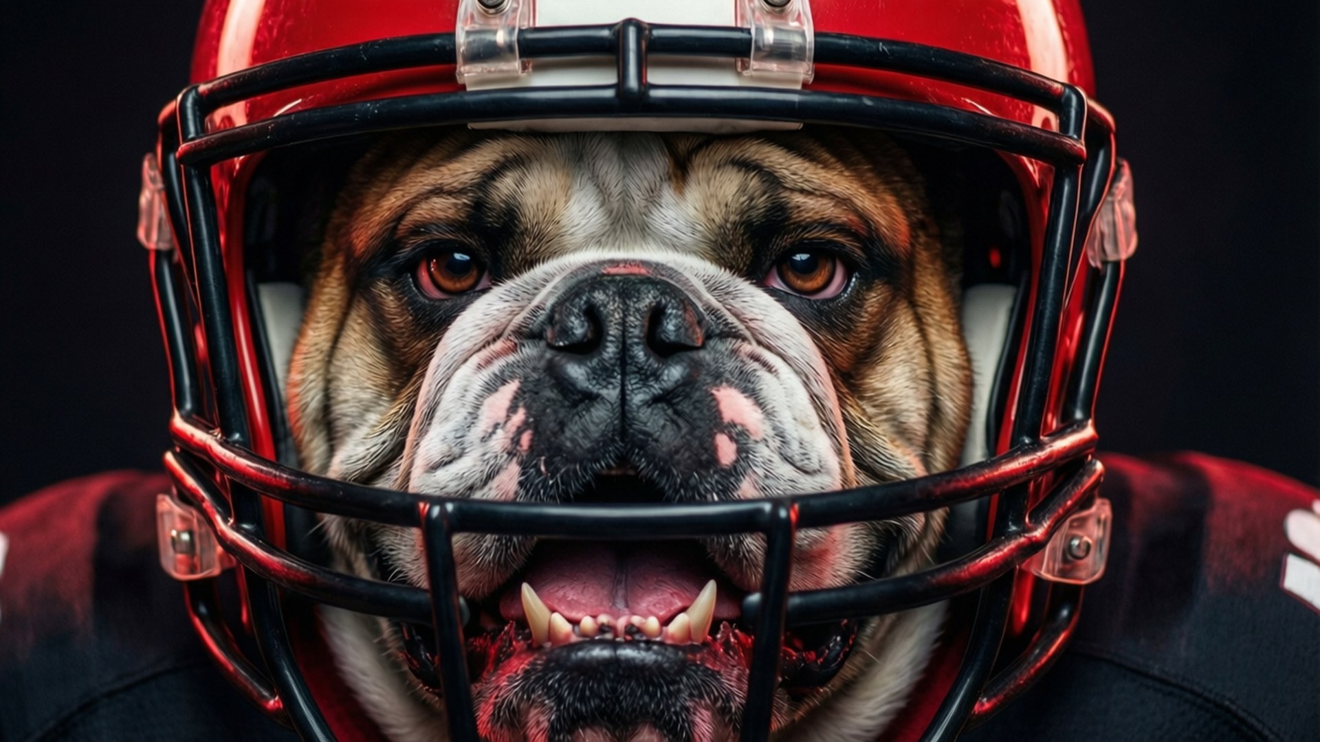 Fierce Bulldog Helmet 壁紙 — 一隻鬥牛犬戴著紅色美式足球頭盔，配有黑色面罩，在深色背景下凝視著。