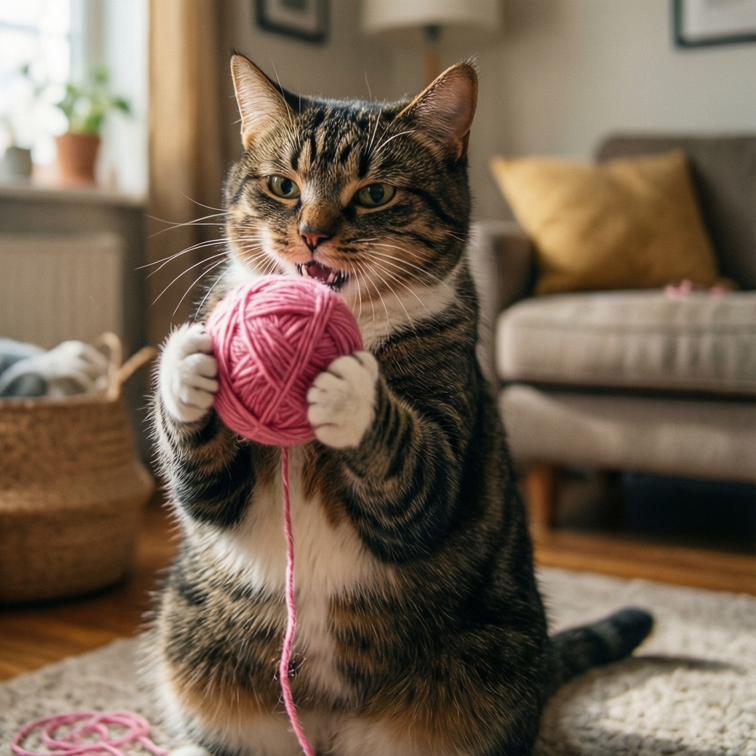 Yarn Playtime 壁紙 — 一隻虎斑貓直立坐著，用雙爪抱著一個亮粉紅色的毛線球，在舒適陽光的客廳裡。