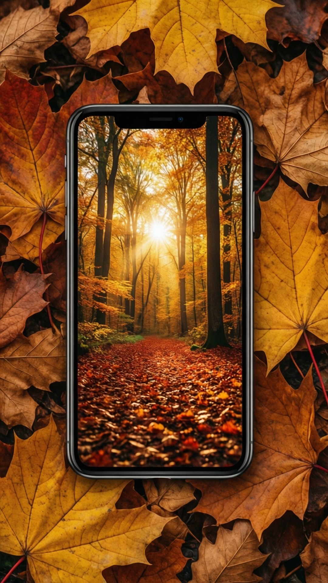 智慧型手機顯示秋日森林小徑，陽光穿過樹木，周圍散落著落葉 — iPhone 11 壁紙