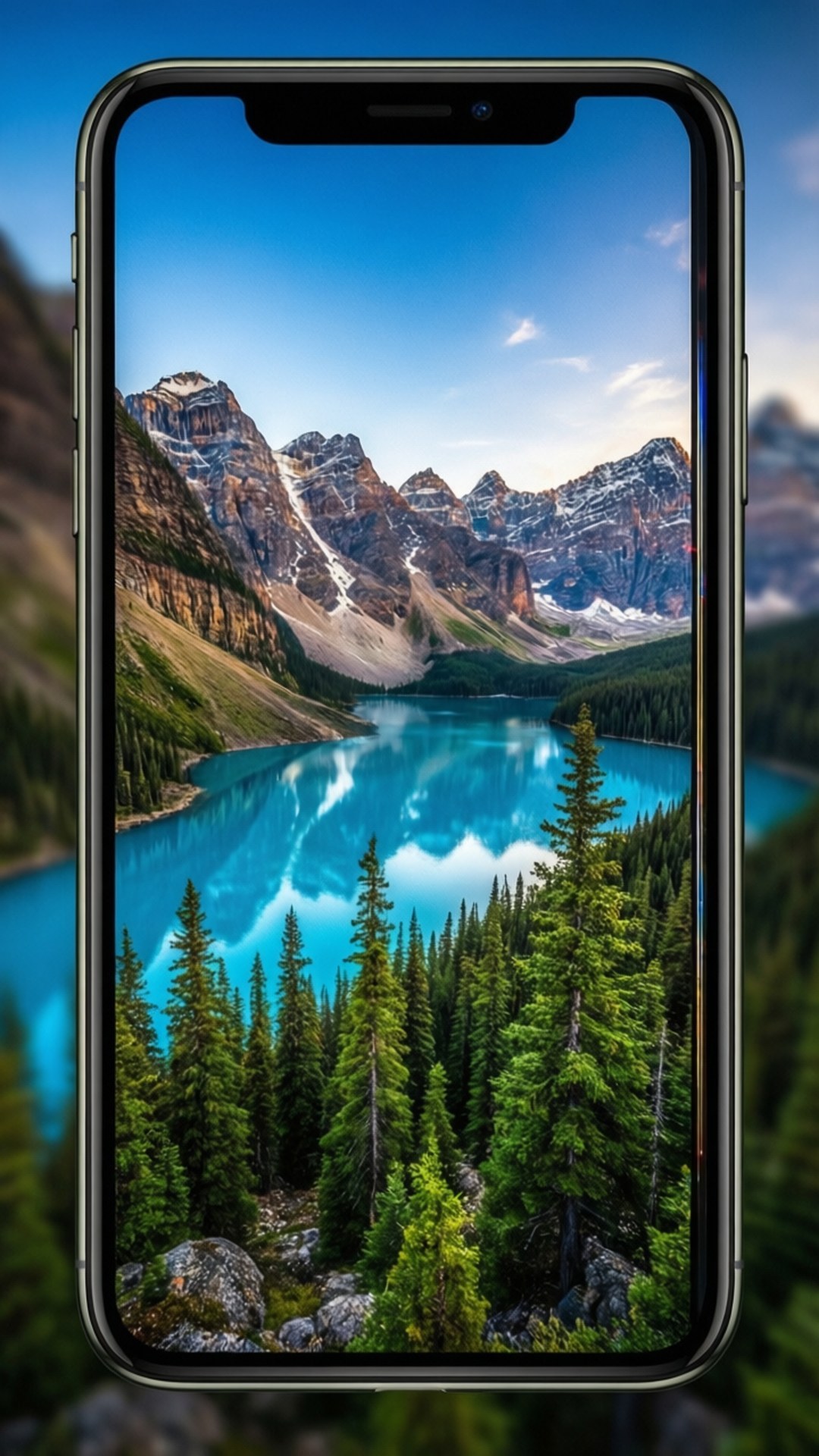 Nature Display on iPhone X 壁紙 — 智慧型手機顯示一個令人驚嘆的桌布，描繪了一個碧綠色的湖泊，周圍環繞著白雪覆蓋的山脈和茂密的常綠森林，在晴朗的藍天下。