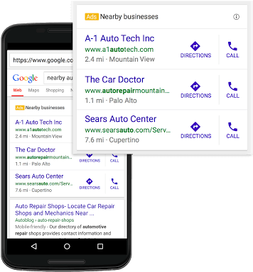 智慧型手機顯示附近汽車維修店的Google搜尋結果，附有路線和通話選項。 — Google 壁紙