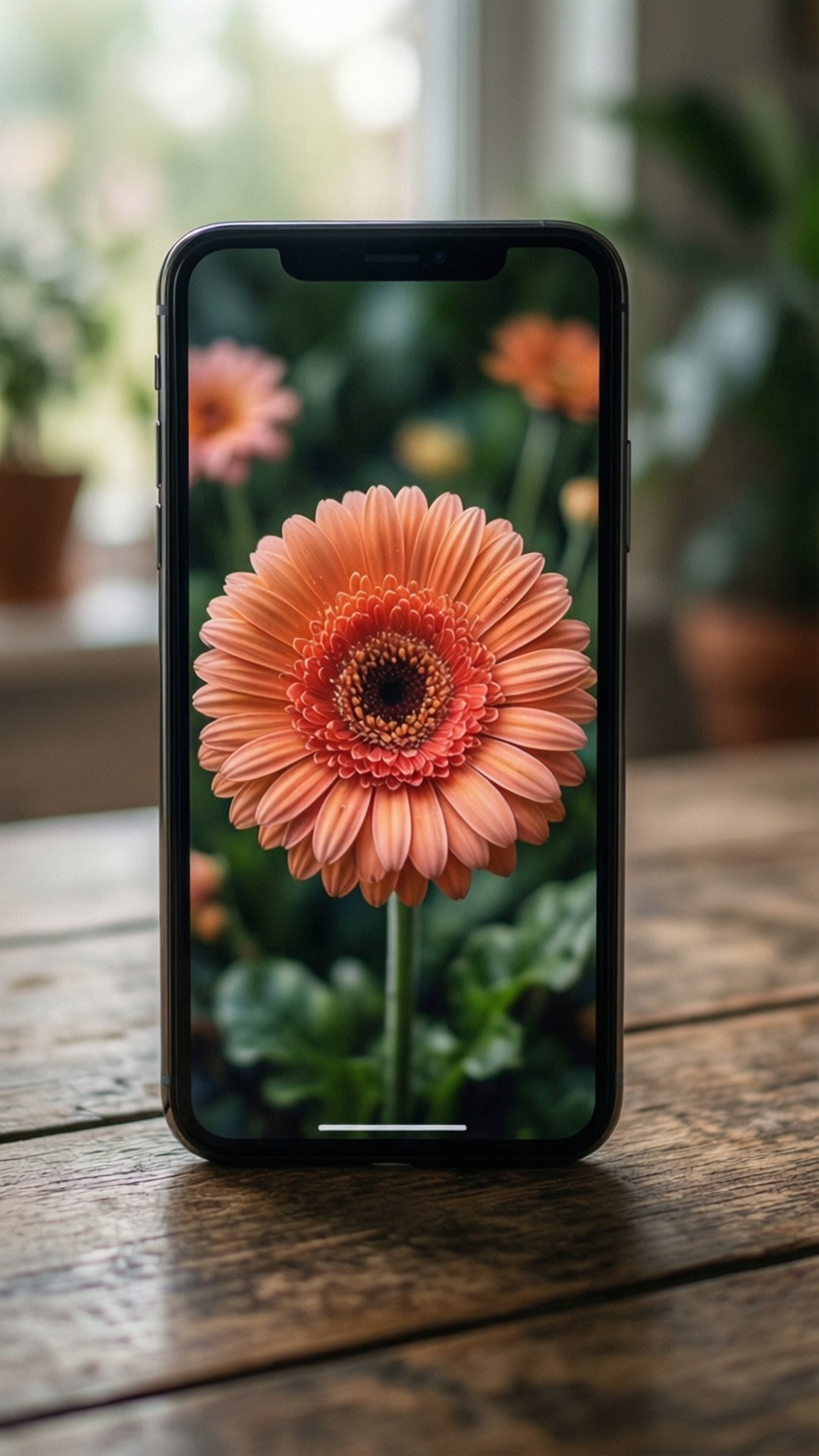 智慧型手機在木質表面上顯示橙色非洲菊 — iPhone 11 壁紙