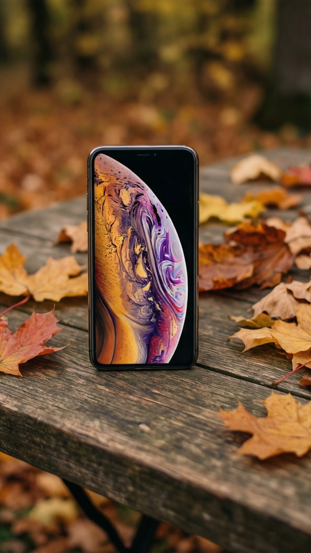 Autumn Wood iPhone XR 壁紙 — 一部智慧型手機顯示著旋轉的紫色、橙色和黃色抽象桌布，放在一張風化的木桌上，周圍散落著秋天的落葉。