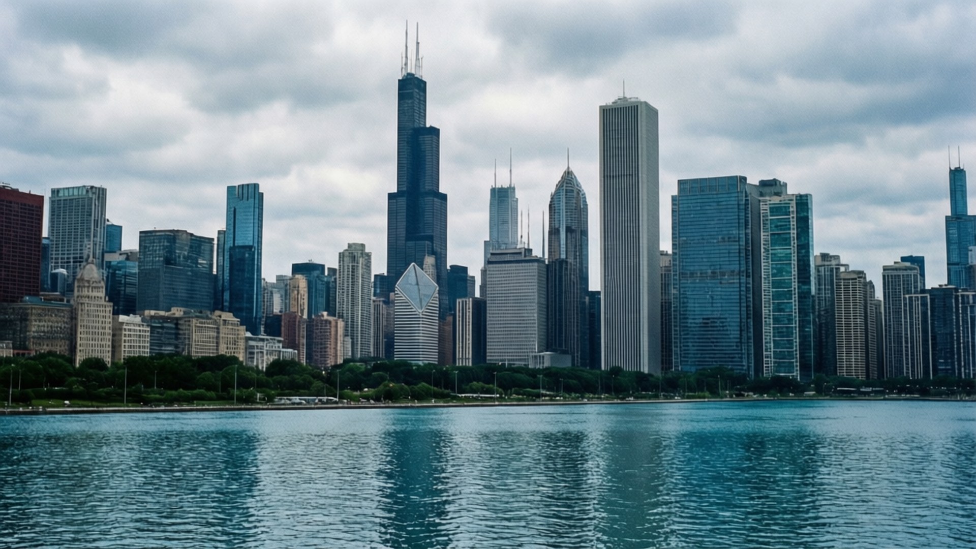 Chicago Skyline Lake 壁紙 — 芝加哥天際線，包括威利斯大廈和現代摩天大樓，在陰天下的平靜藍色水面中倒映。