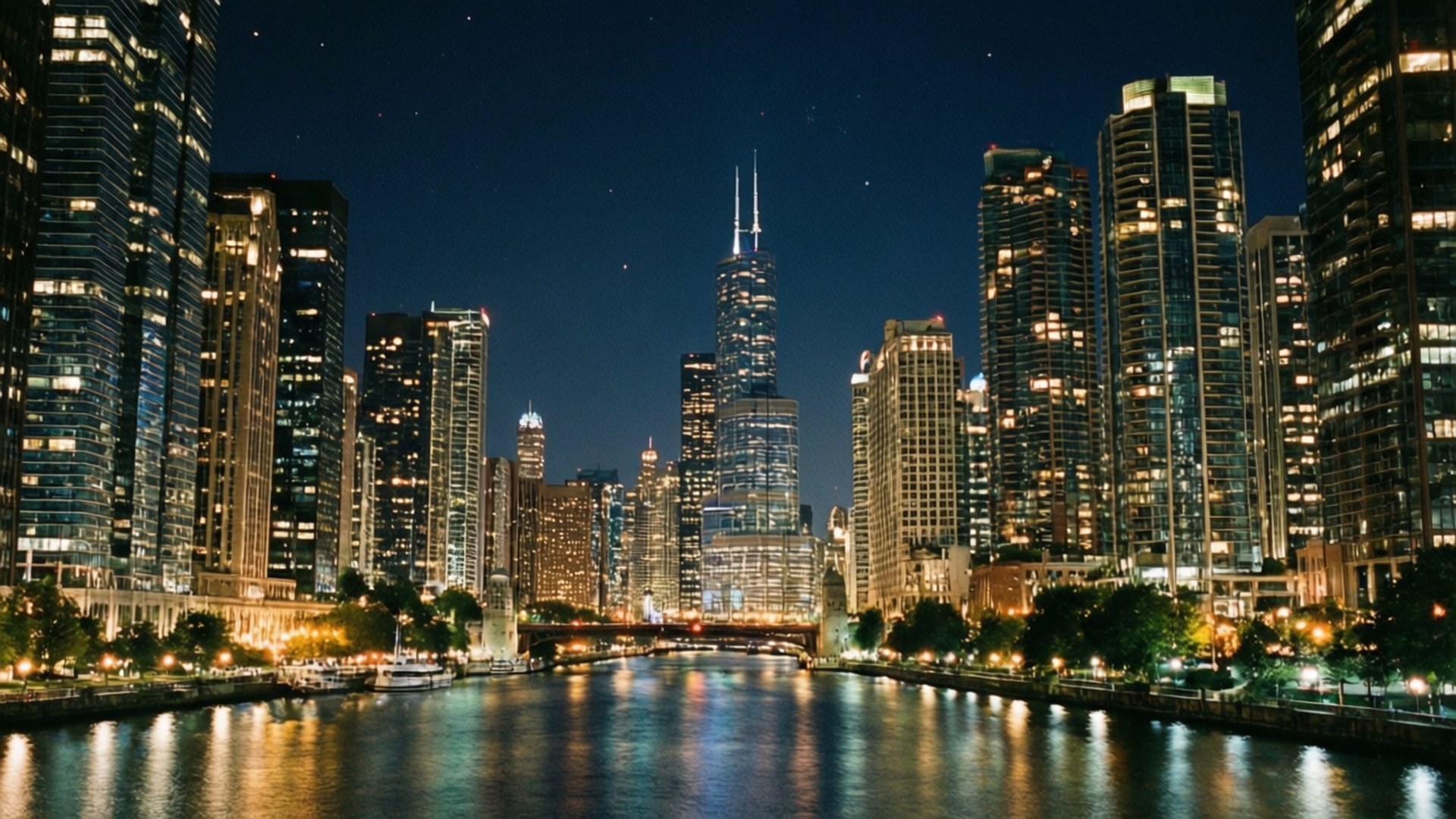 Chicago River Night Glow 壁紙 — 芝加哥天際線的星空夜景，威利斯大廈亮燈並倒映在芝加哥河上。