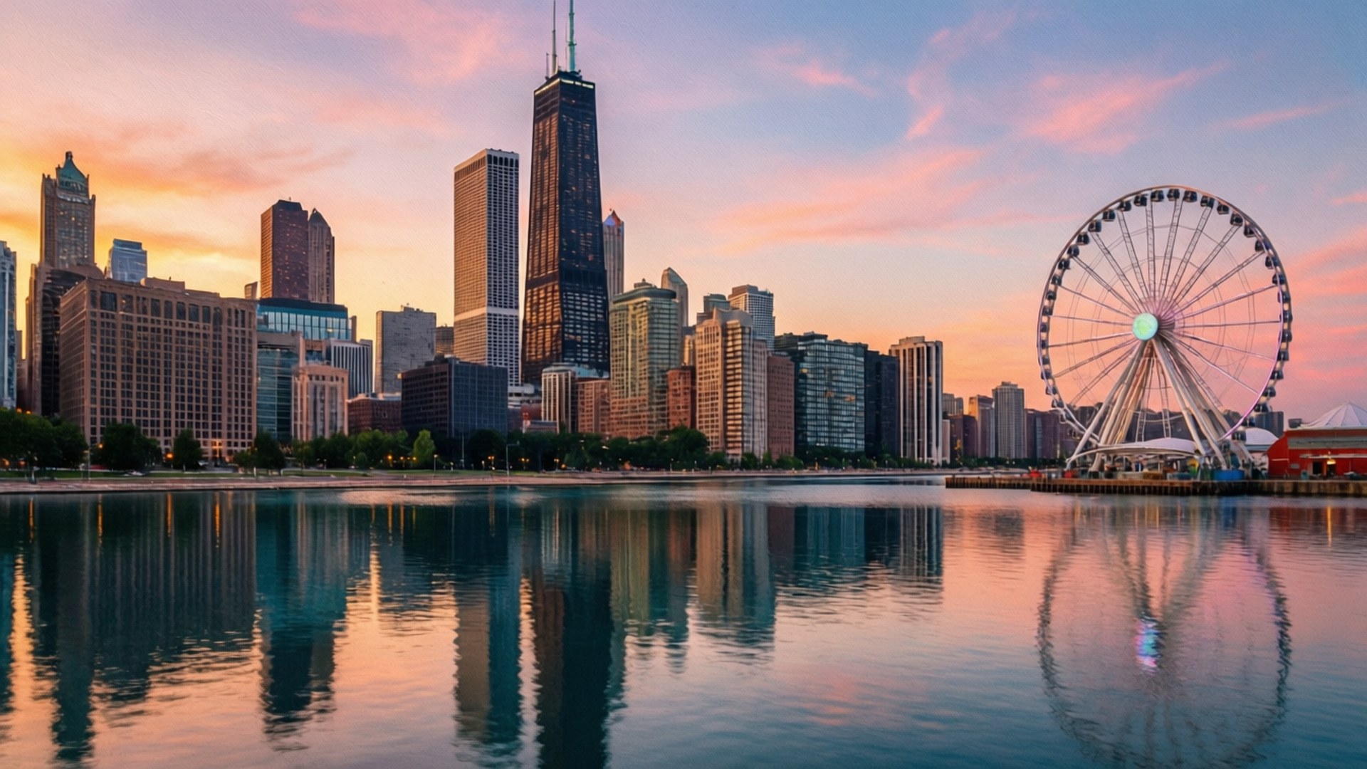 Chicago Sunset Skyline 壁紙 — 芝加哥天際線在日落時分，威利斯大廈和摩天輪倒映在粉橙色天空下的平靜水面上。