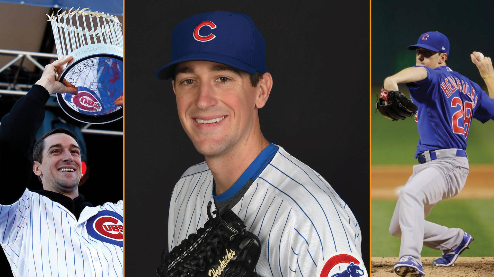 芝加哥小熊隊棒球選手手持世界大賽獎盃並在比賽中投球。 — MLB 壁紙