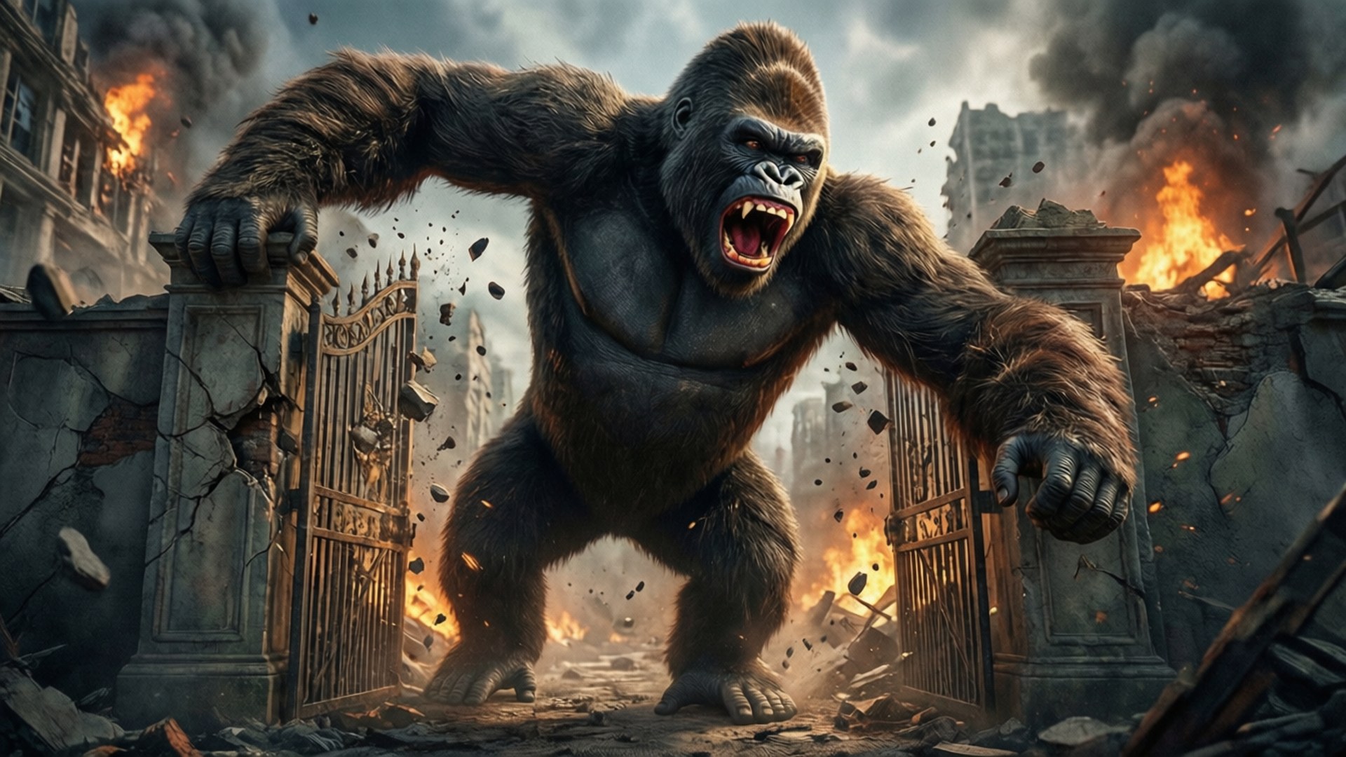 King Kong Rampage 壁紙 — 一隻巨大的大猩猩在燃燒的建築物和飛揚的碎片中咆哮，砸碎了一道鍛鐵門。