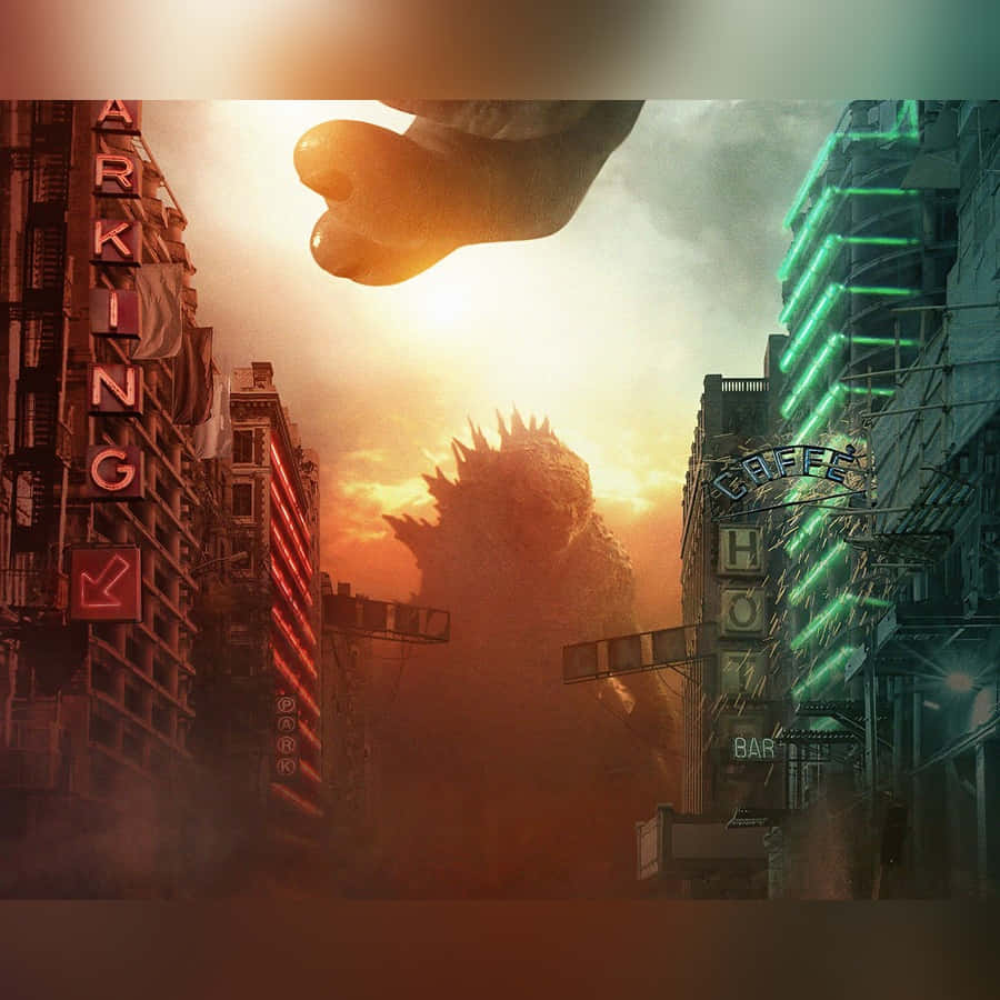 Godzilla City Destruction 桌布 壁紙 — 一隻巨大的哥吉拉在日落時分聳立於霓虹燈閃爍的城市景觀之上，一隻巨腳從天而降。