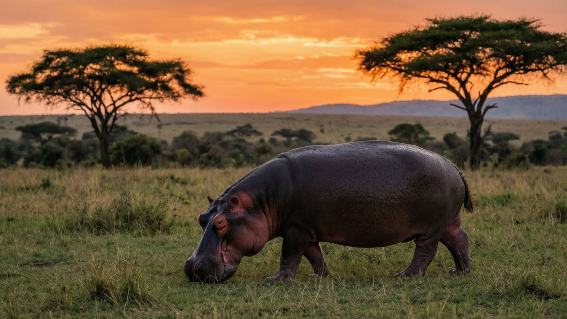Hippo Grazing Savanna Dusk 壁紙 — 一隻巨大的河馬在金黃色的草地上吃草，背景是熊熊的橙色日落，由金合歡樹框住。