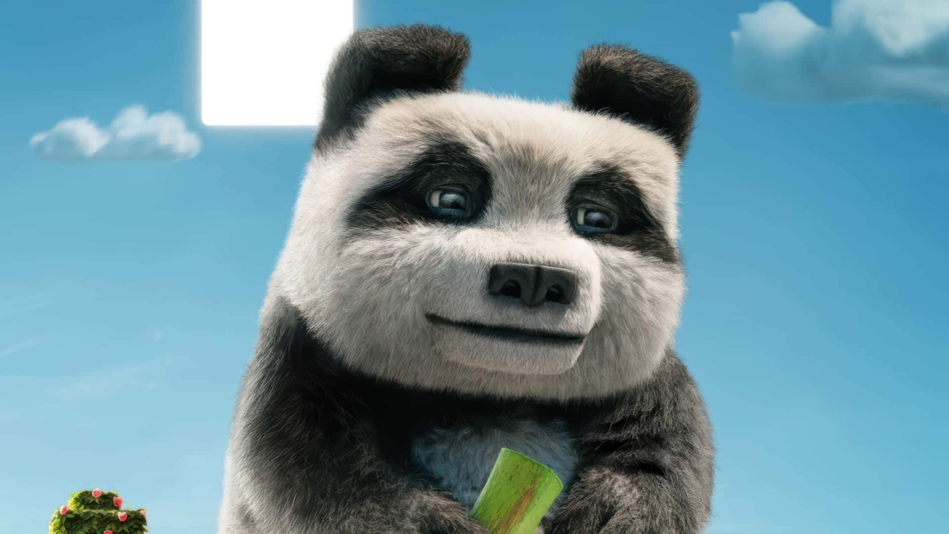  壁紙 — 一隻開心的動畫熊貓在晴朗的藍天和 fluffy 雲前面拿著一根綠色竹枝。