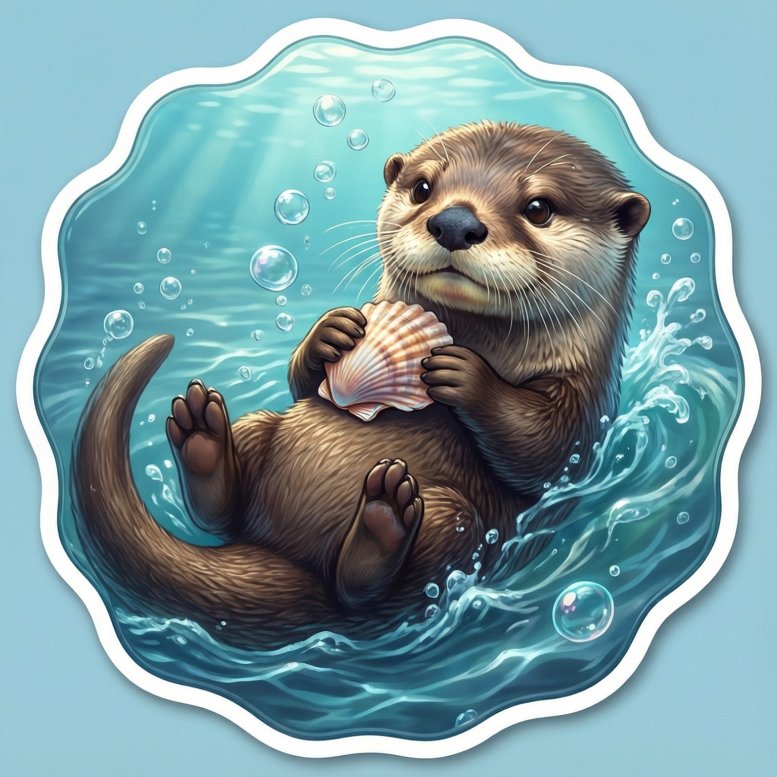 漂浮水獺貝殼貼圖 壁紙 — 一隻可愛的水獺在水下漂浮，抱著一個被氣泡和溫柔波浪包圍的貝殼。