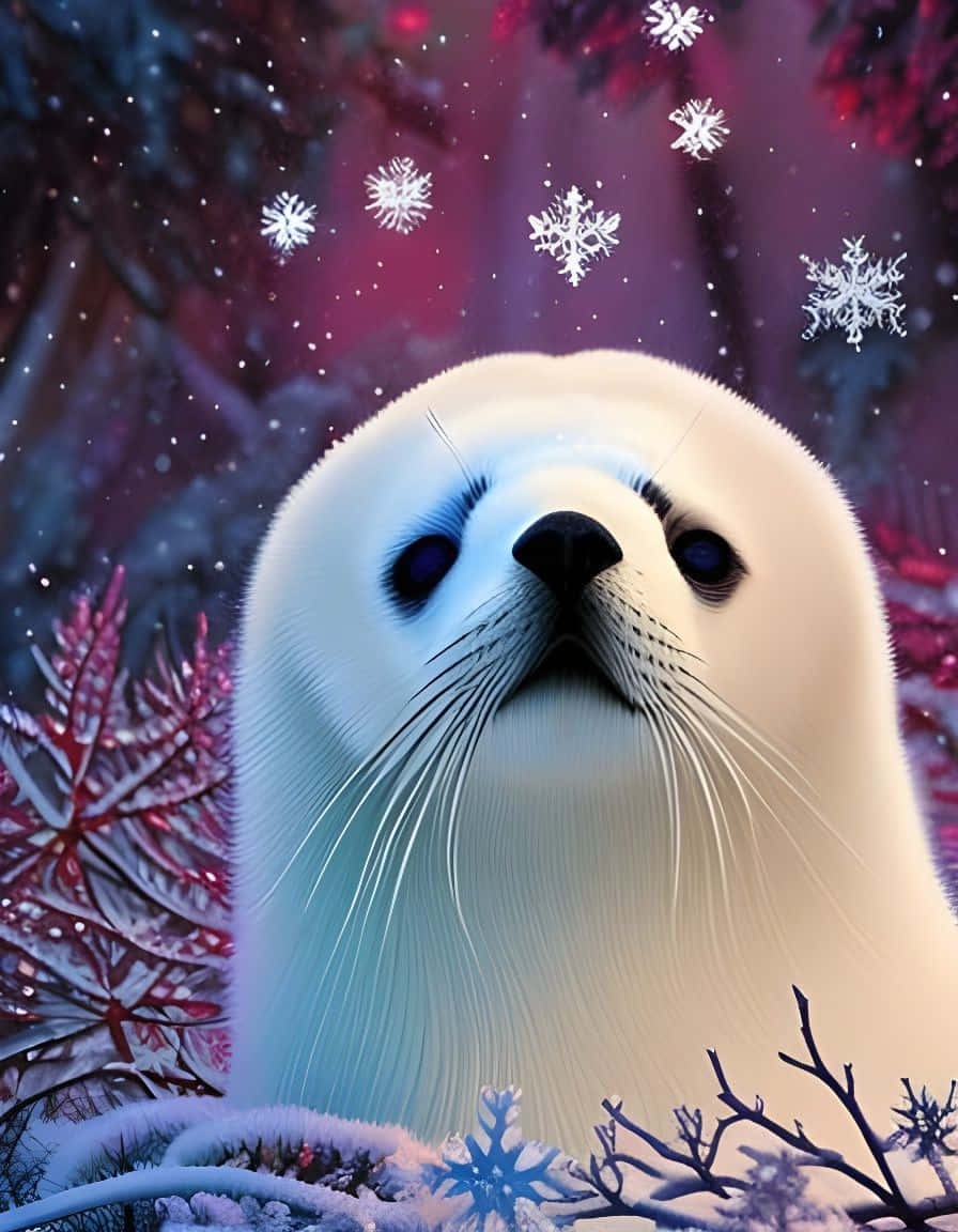  壁紙 — 一隻毛茸茸的白色海豹寶寶在雪地森林中仰望，周圍有發光的雪花和紫色調的樹木。