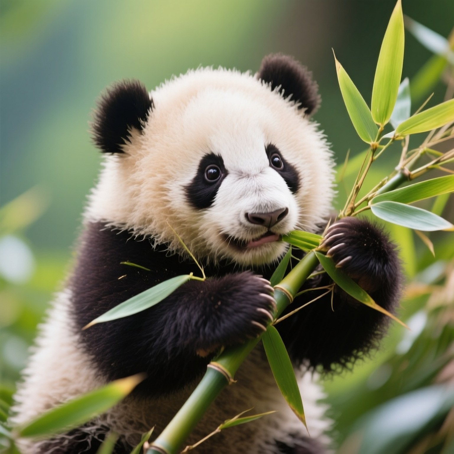 Playful Cub 壁紙 — 一隻毛茸茸的大熊貓寶寶用深色爪子抓住一根綠色竹莖，在柔和模糊的森林背景下咀嚼葉子。