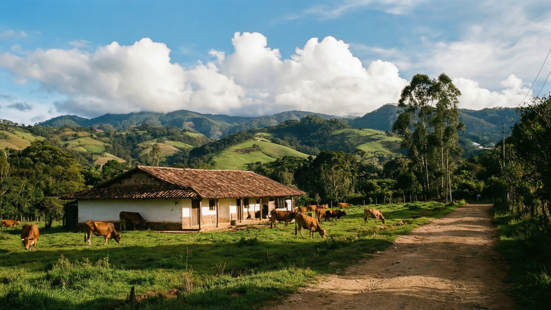 Colombian Finca 壁紙 — 一座質樸的白色農舍，紅色瓦片屋頂，坐落在泥路旁，棕色牛群在茂盛的綠色田野中吃草，背景是明亮的藍天，有蓬鬆的白雲和起伏的山丘。