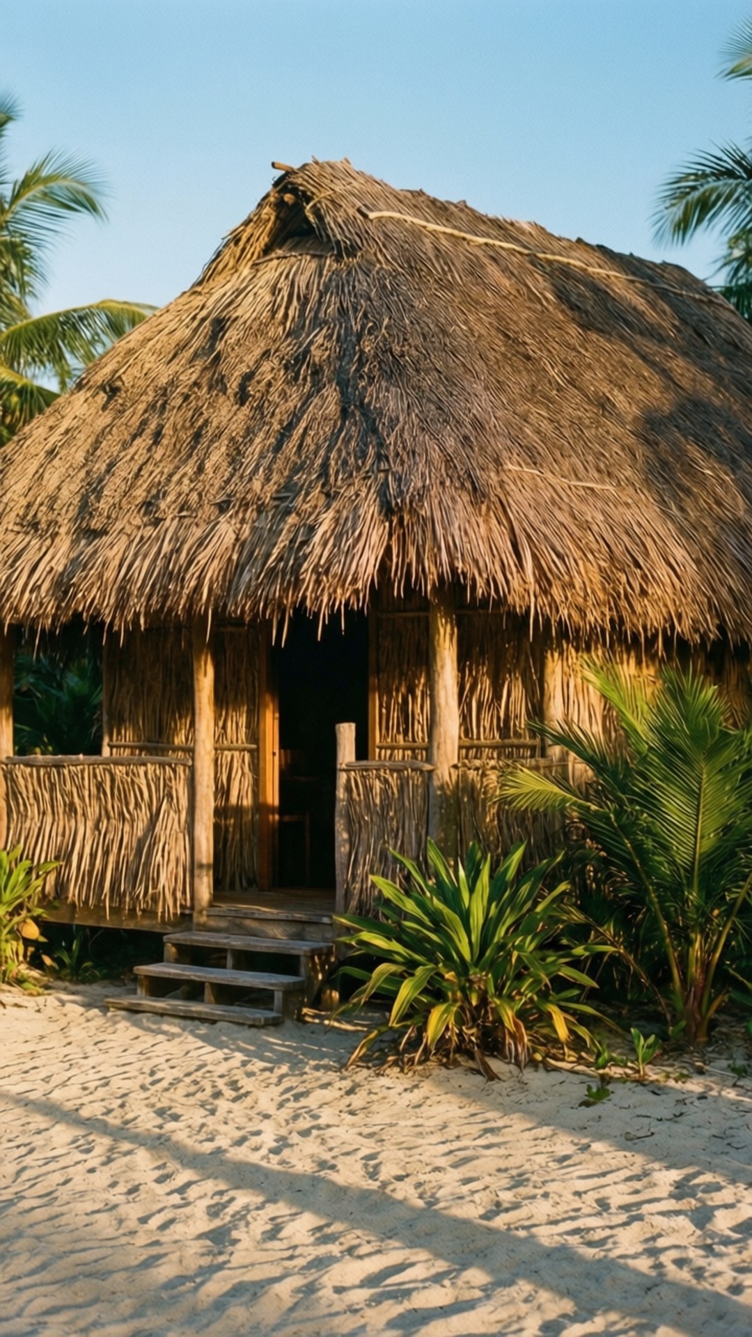 Thatched Hut at Dusk 壁紙 — 一座質樸的茅草屋頂小屋，帶有木階梯，矗立在沙灘上，周圍環繞著棕櫚樹，天空湛藍。