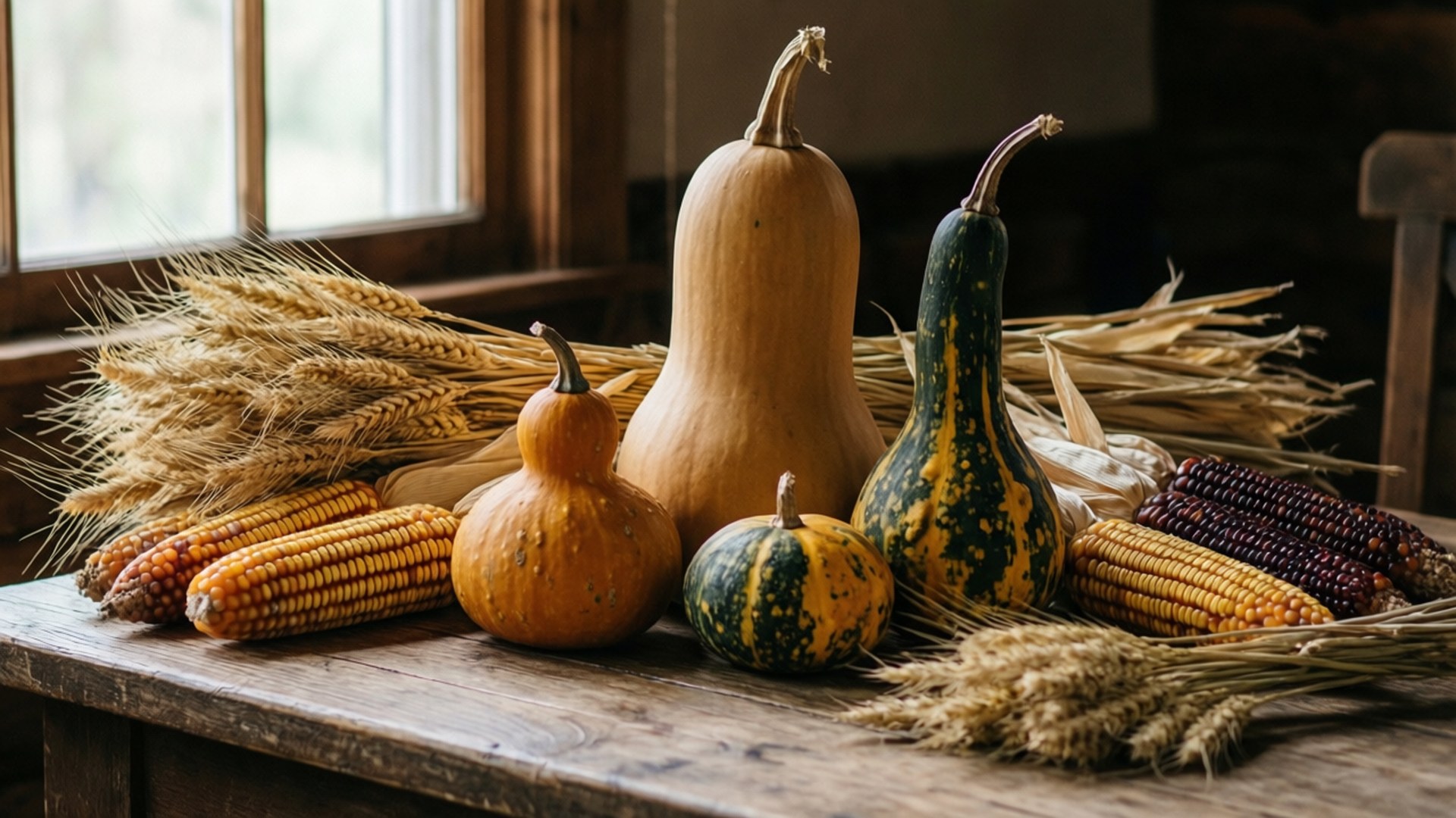 Harvest Still Life 壁紙 — 一張質樸的木桌上擺放著南瓜、玉米和小麥莖，沐浴在附近窗戶透進的柔和自然光中。