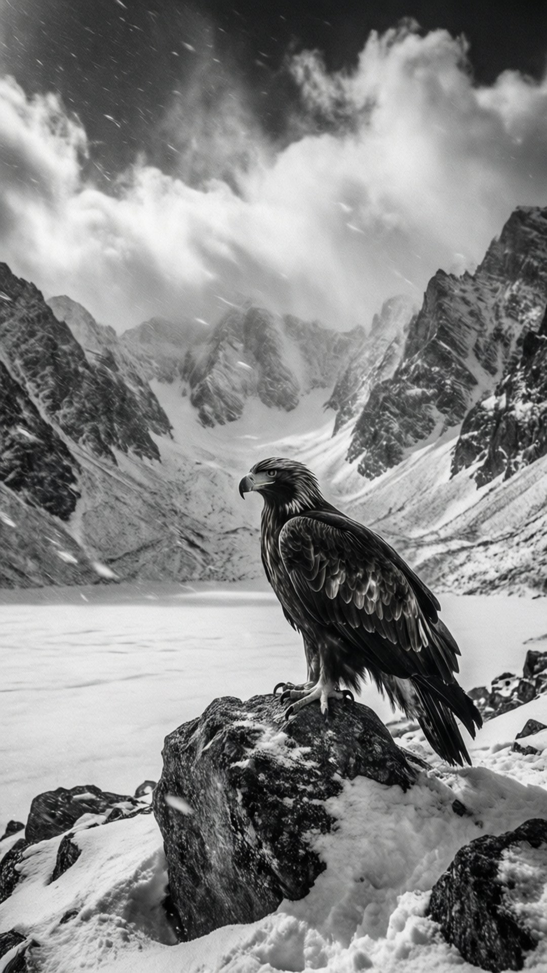 Altai Eagle in Snow 壁紙 — 一隻雄偉的鷹棲息在灑滿白雪的岩石上，背景是星空下戲劇性的山脈。