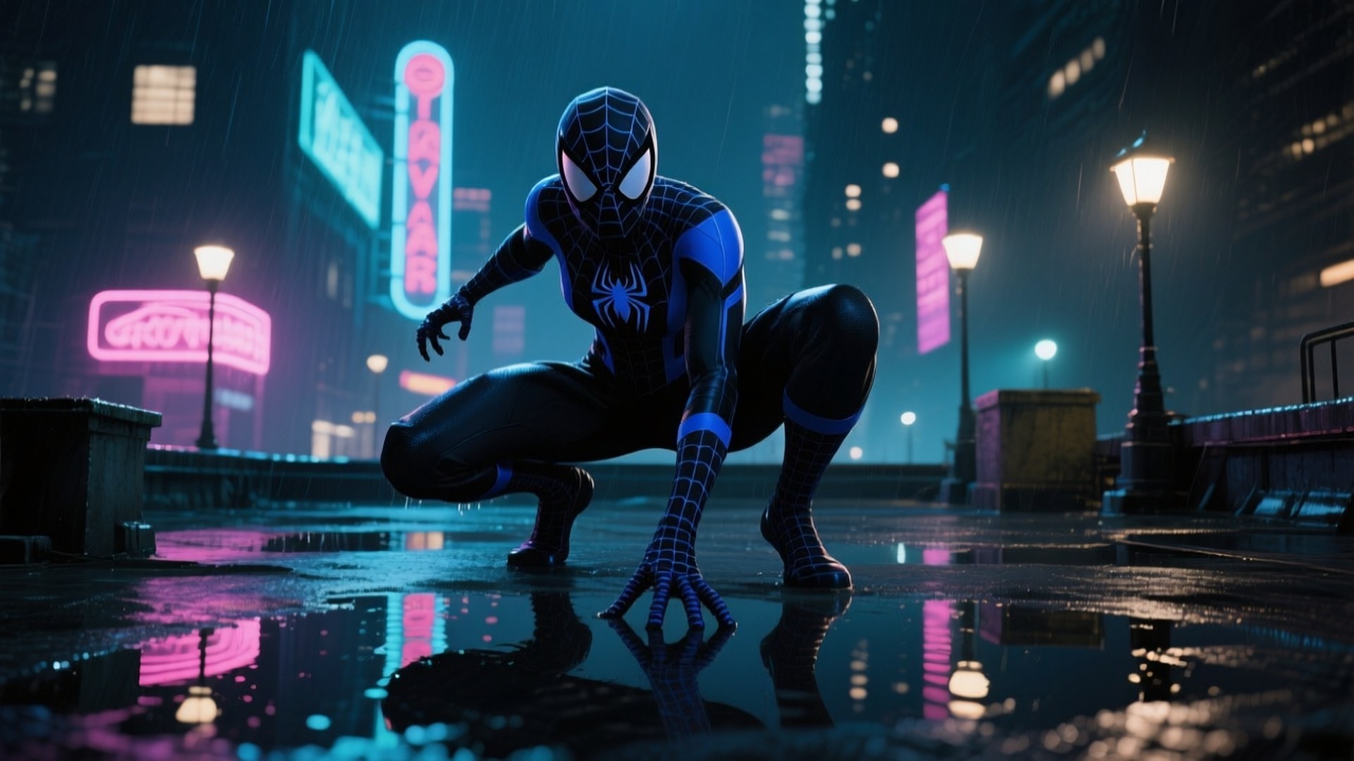 Neon Noir 壁紙 — 蜘蛛人蹲在濕透的霓虹城市街道上，反射著發光的招牌和街燈。