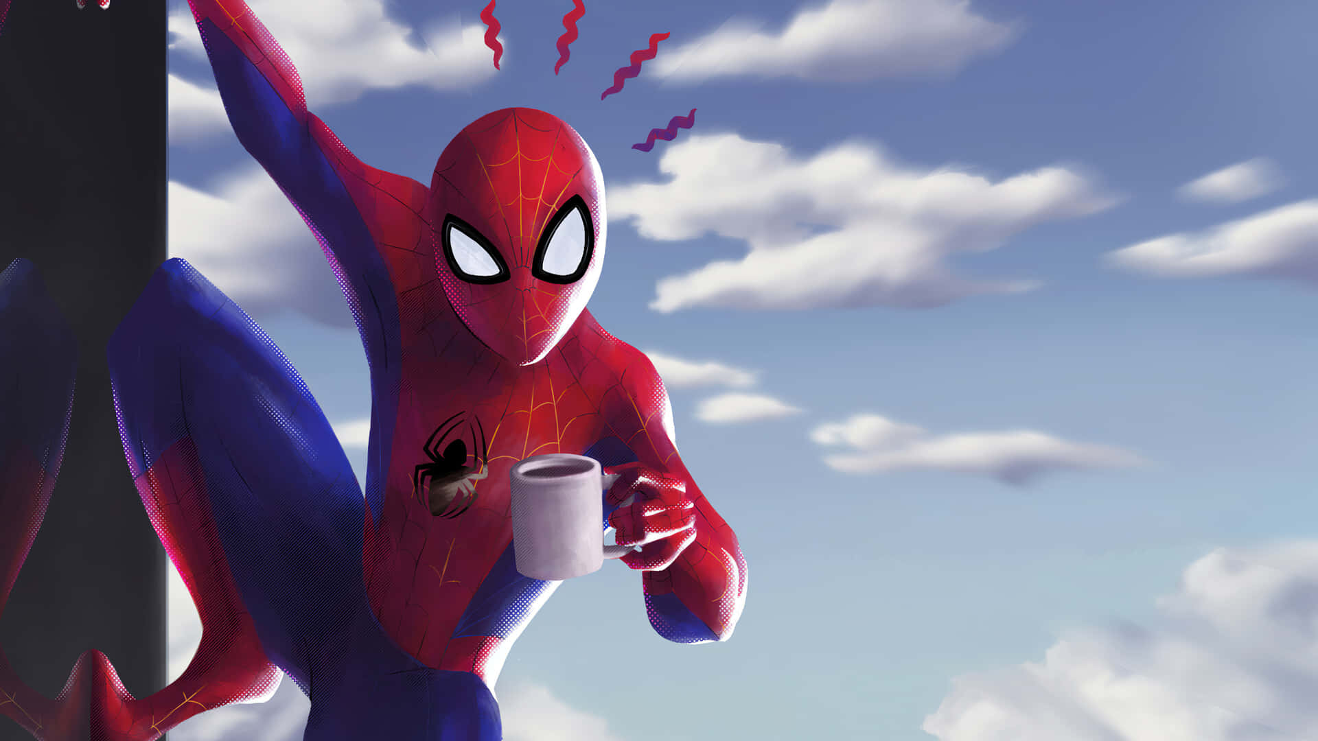 Spider-man Spider Sense 桌布 壁紙 — 蜘蛛人掛在建築物上，手持一個有紅色蒸氣升起的杯子，背景是多雲的藍天。