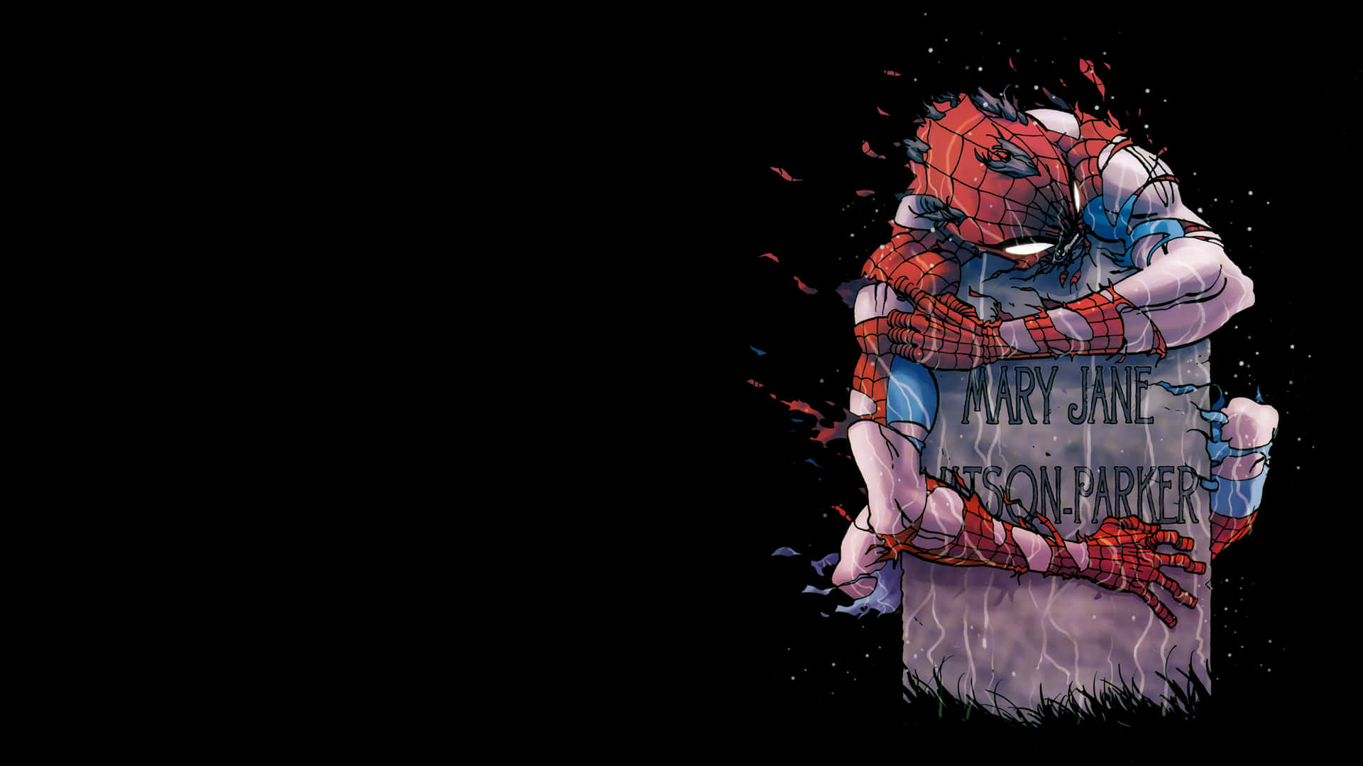Spider-man Reign 桌布 壁紙 — 蜘蛛人在黑色背景和血跡斑斑的情況下，緊握刻有 Mary Jane Watson-Parker 的墓碑。