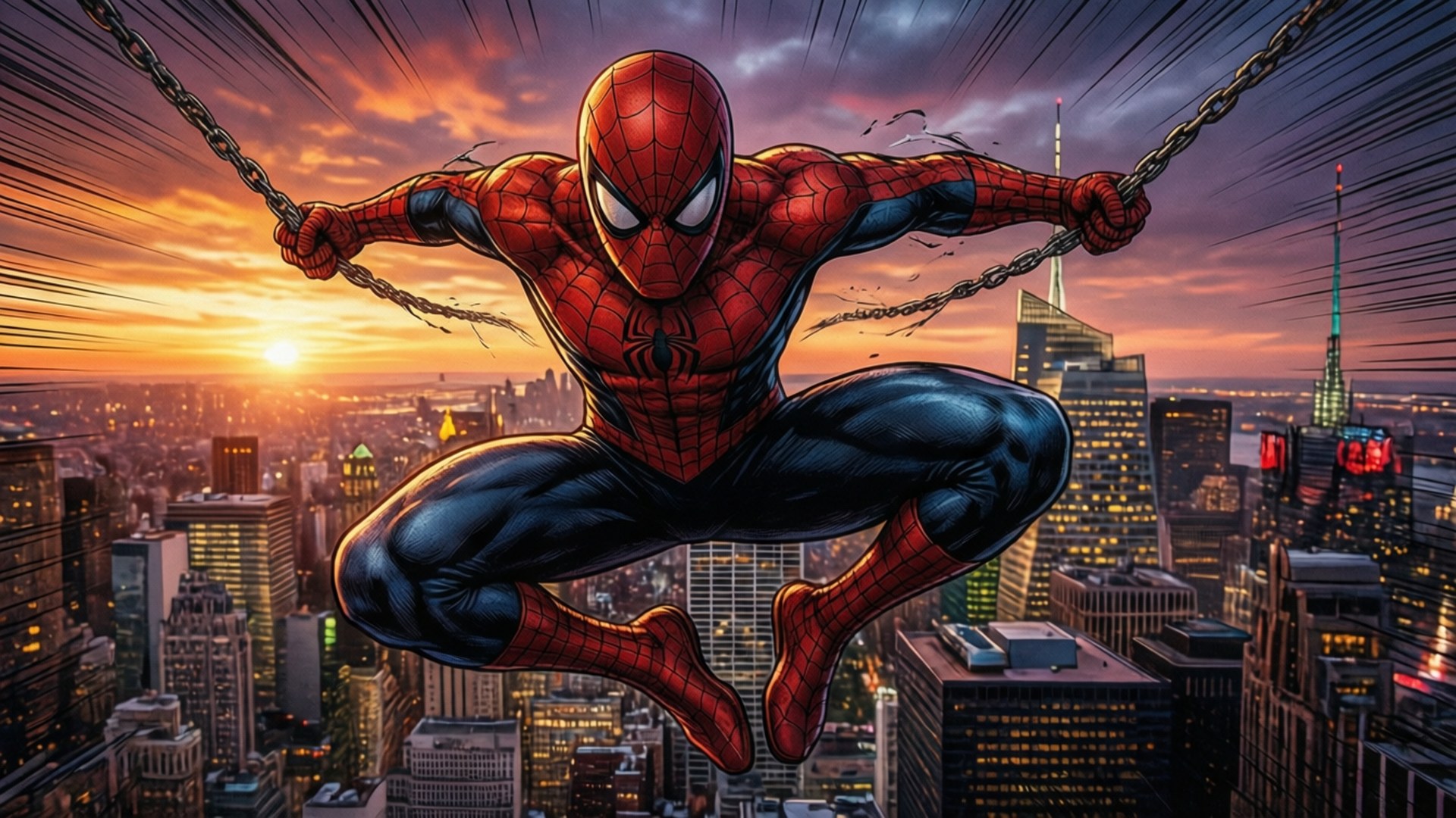 Marvel's Spider-Man 桌布 壁紙 — 蜘蛛人在日落時分雙手拿著鎖鏈，在充滿活力的橙色和紫色天空背景下，穿梭於城市天際線。