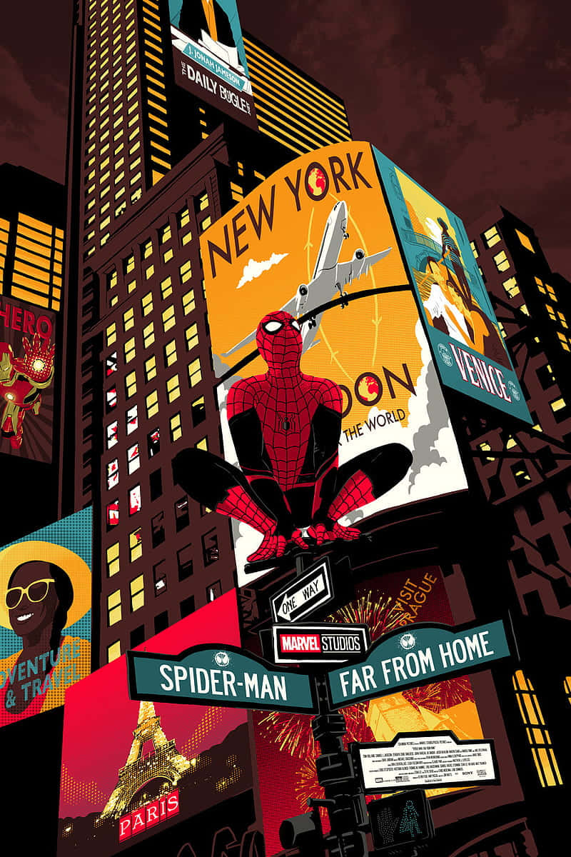 Daily Bugle 桌布 壁紙 — 蜘蛛人坐在一個街道標誌上，背景是一個充滿活力的插圖城市景觀，有紐約、巴黎和威尼斯的廣告牌，天空昏暗。