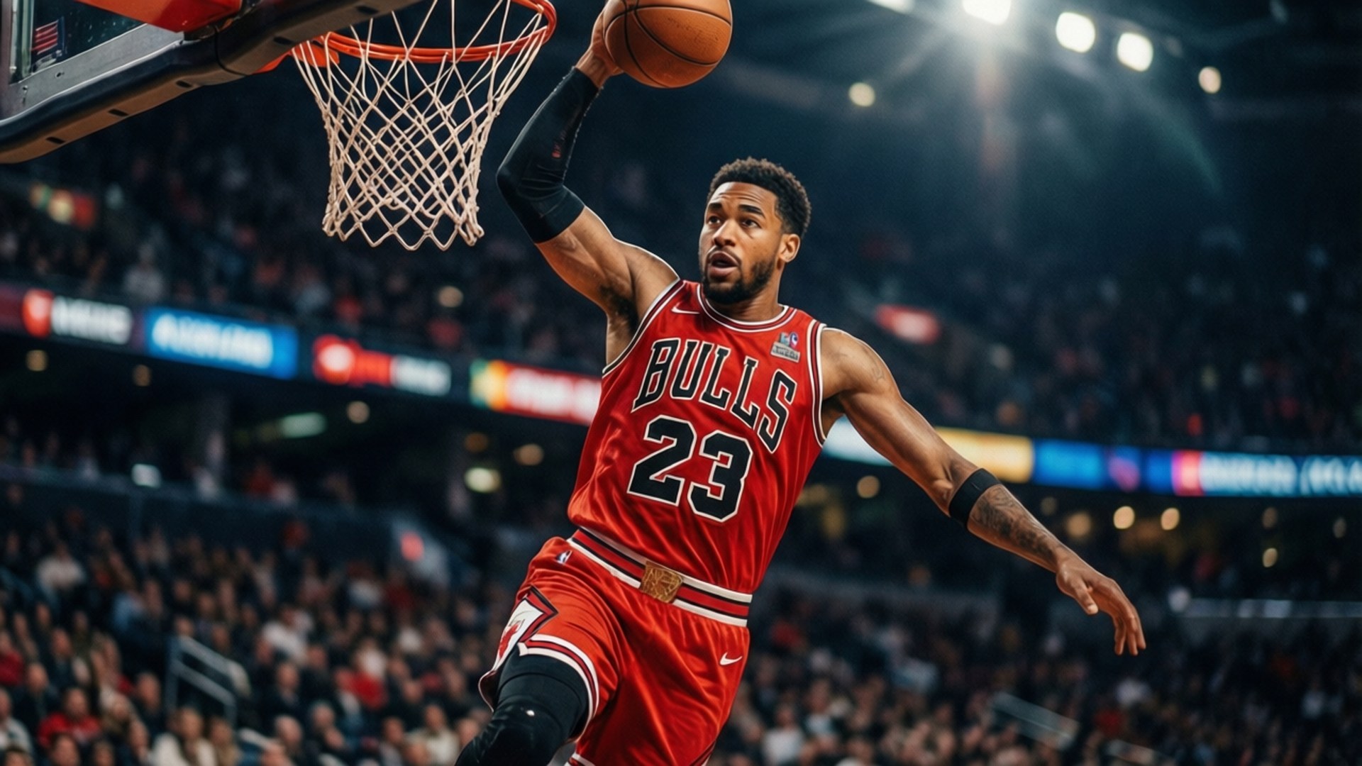 Soaring Slam Dunk 壁紙 — 一位芝加哥公牛隊的紅色23號球衣球員在明亮的場館燈光下，背景有觀眾，灌籃。