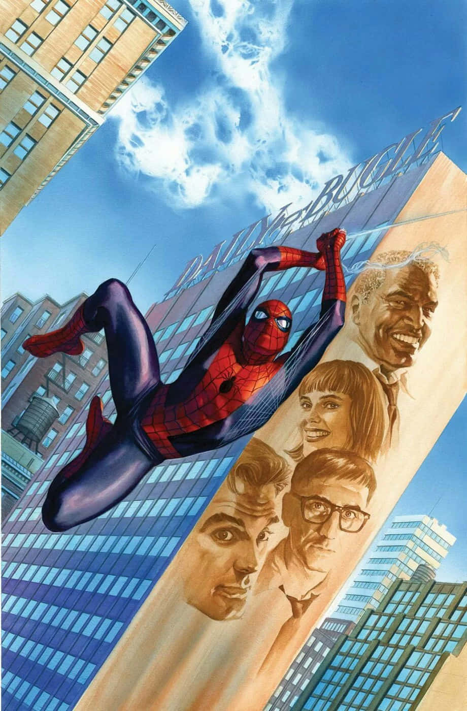 Daily Bugle 桌布 壁紙 — 蜘蛛人在明亮的藍天下穿過城市景觀，經過一個有笑臉的廣告看板。