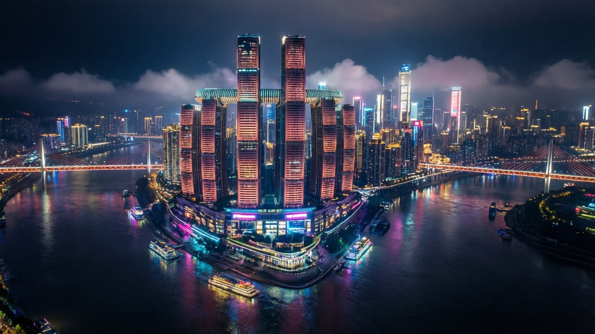 Neon Chongqing Skyline 壁紙 — 重慶璀璨天際線的空中夜景，發光的摩天大樓倒映在橋樑和船隻環繞的河流上。