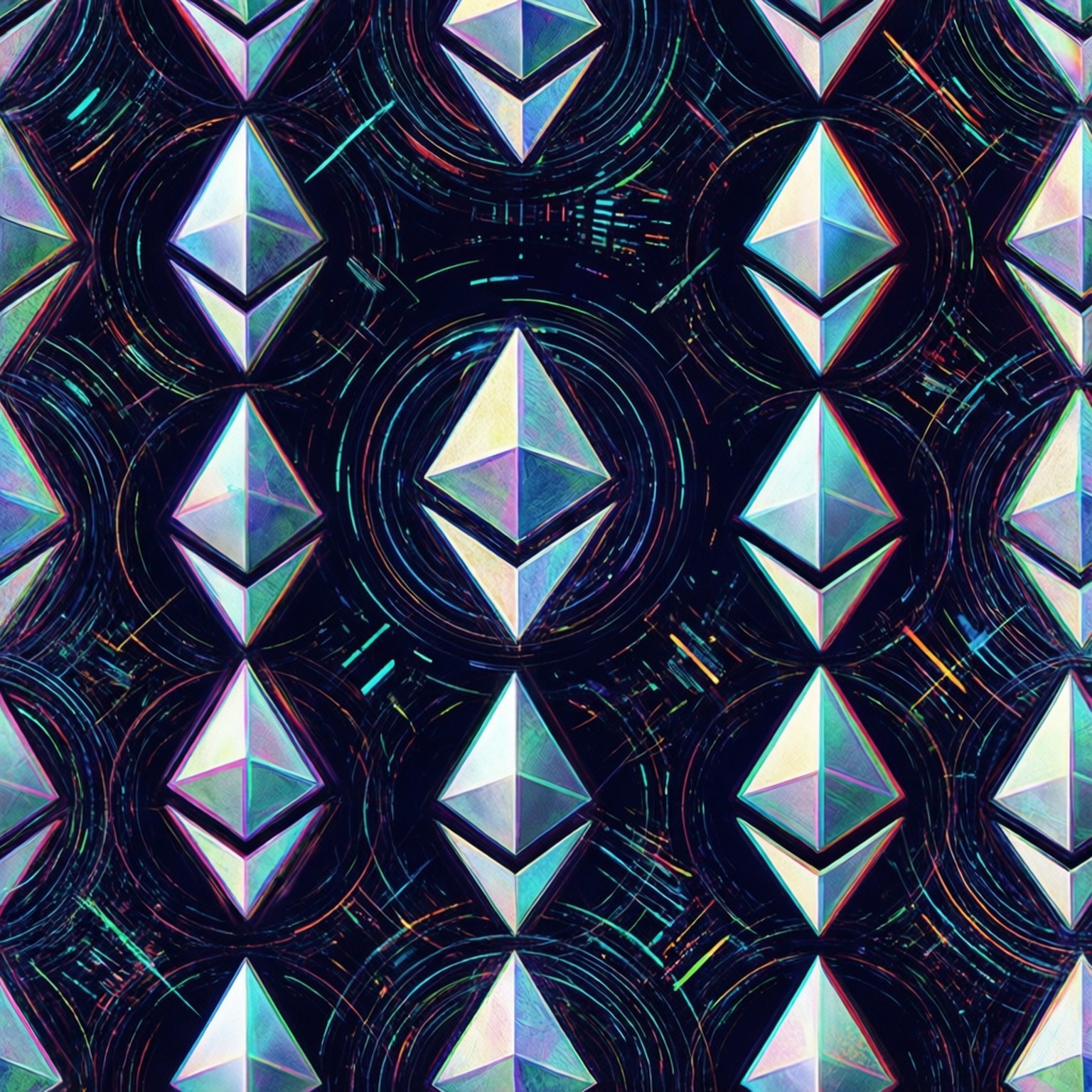 Seamless Ethereum Pattern 壁紙 — 在深色背景上，重複的發光鑽石形以太坊標誌，周圍環繞著旋轉的霓虹電路線條。