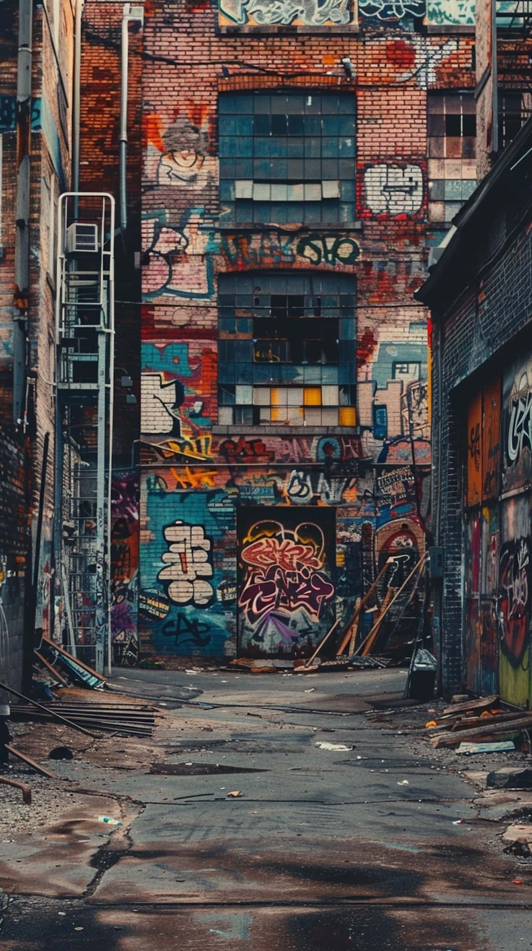  壁紙 — 磚砌建築之間一條狹窄的小巷，在昏暗的城市燈光下覆蓋著充滿活力的塗鴉藝術。