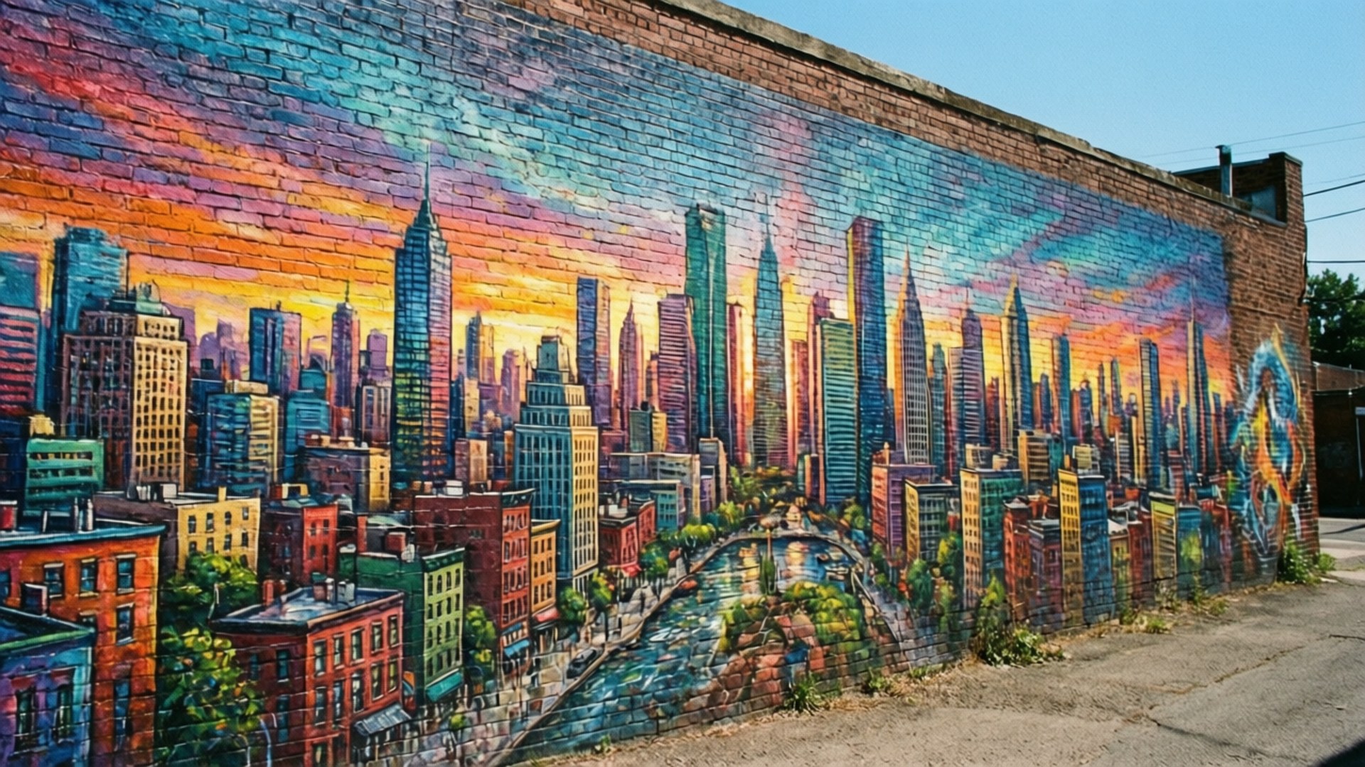 Mural on Brick Wall 壁紙 — 磚牆上的鮮豔壁畫描繪了色彩繽紛的城市景觀，包括摩天大樓、河流和日落天空。