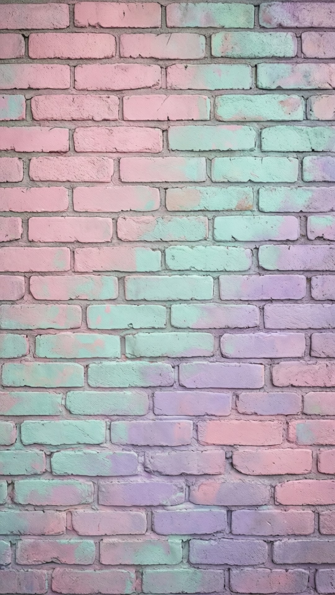 Pastel Brick Texture 壁紙 — 磚牆塗上柔和粉彩色的粉紅、薄荷和薰衣草色，帶有可見紋理和風化邊緣。