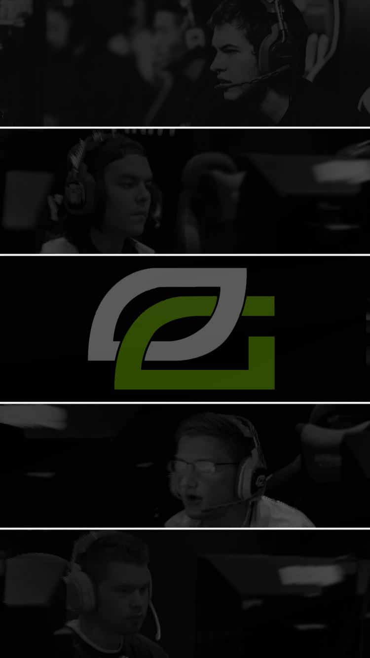 Optic Gaming 桌布 壁紙 — 專注的電競選手戴著耳機的深色單色拼貼畫，中央有綠色標誌。