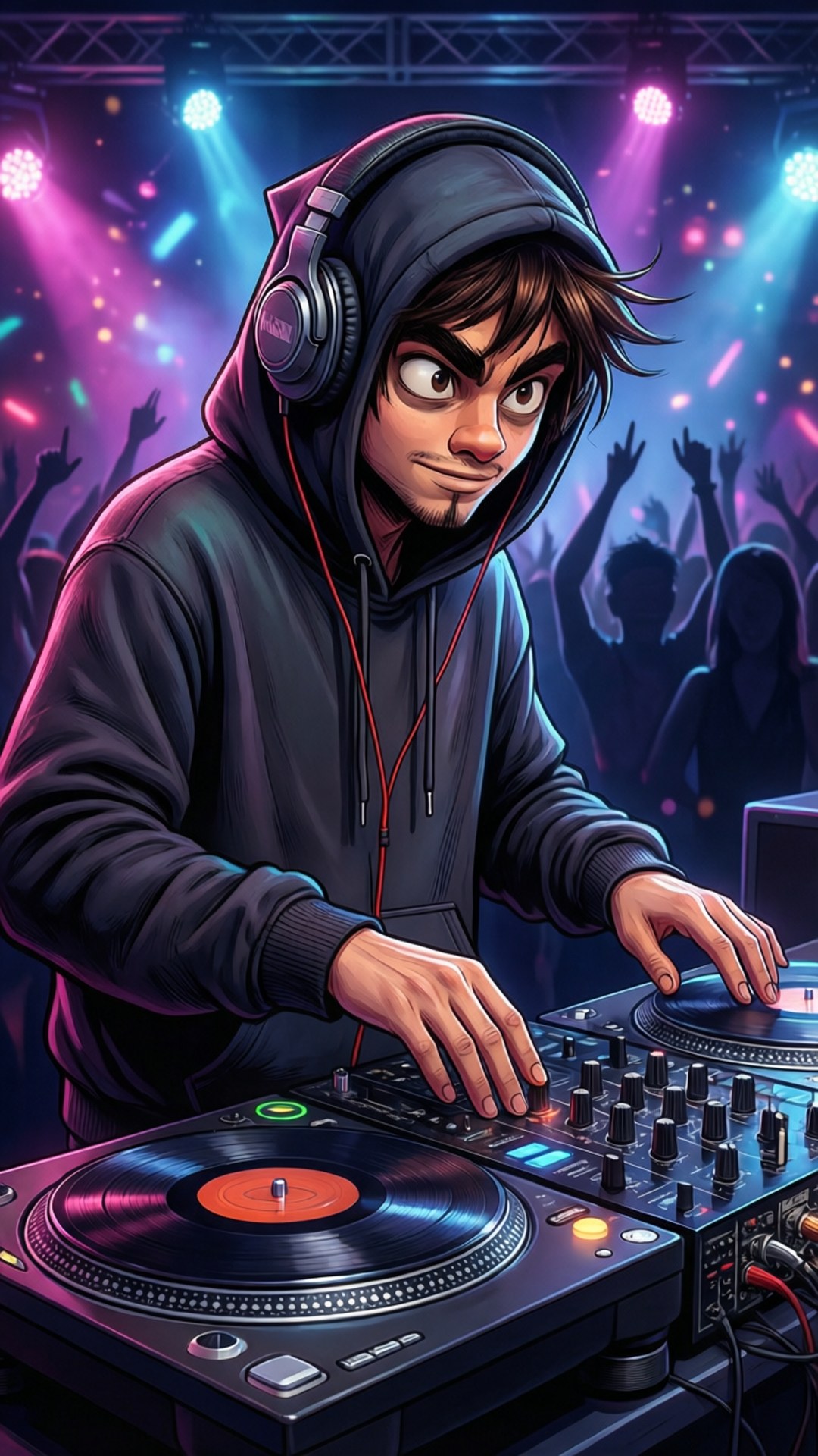 DJ Tom Spinning 壁紙 — 一位專注的年輕DJ，身穿黑色連帽衫和耳機，在充滿活力的紫色和藍色舞台燈光下混音唱片，身後是歡呼的人群。