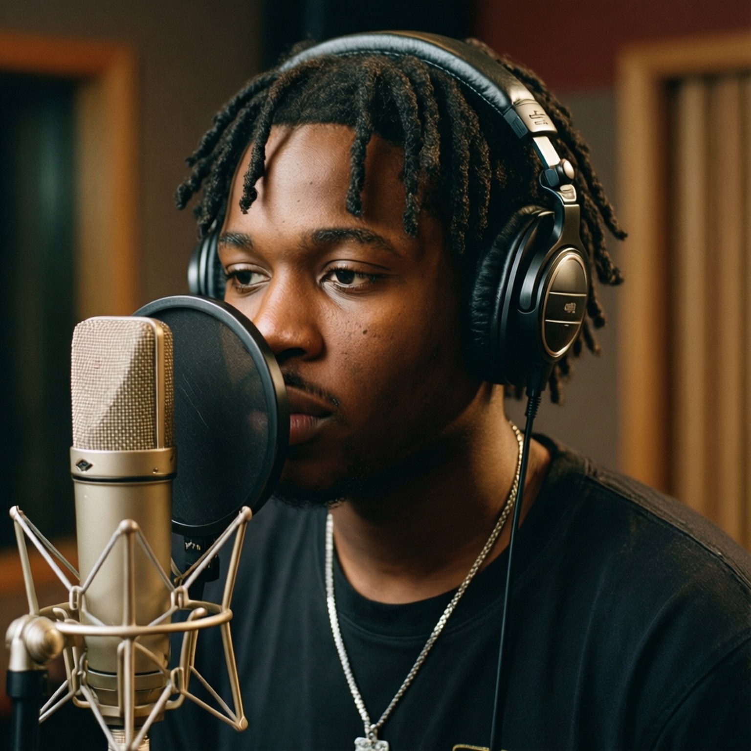 Studio Session Carti 壁紙 — 一個專注的年輕男子，留著辮子，戴著黑色耳機，對著金色麥克風在錄音室唱歌。