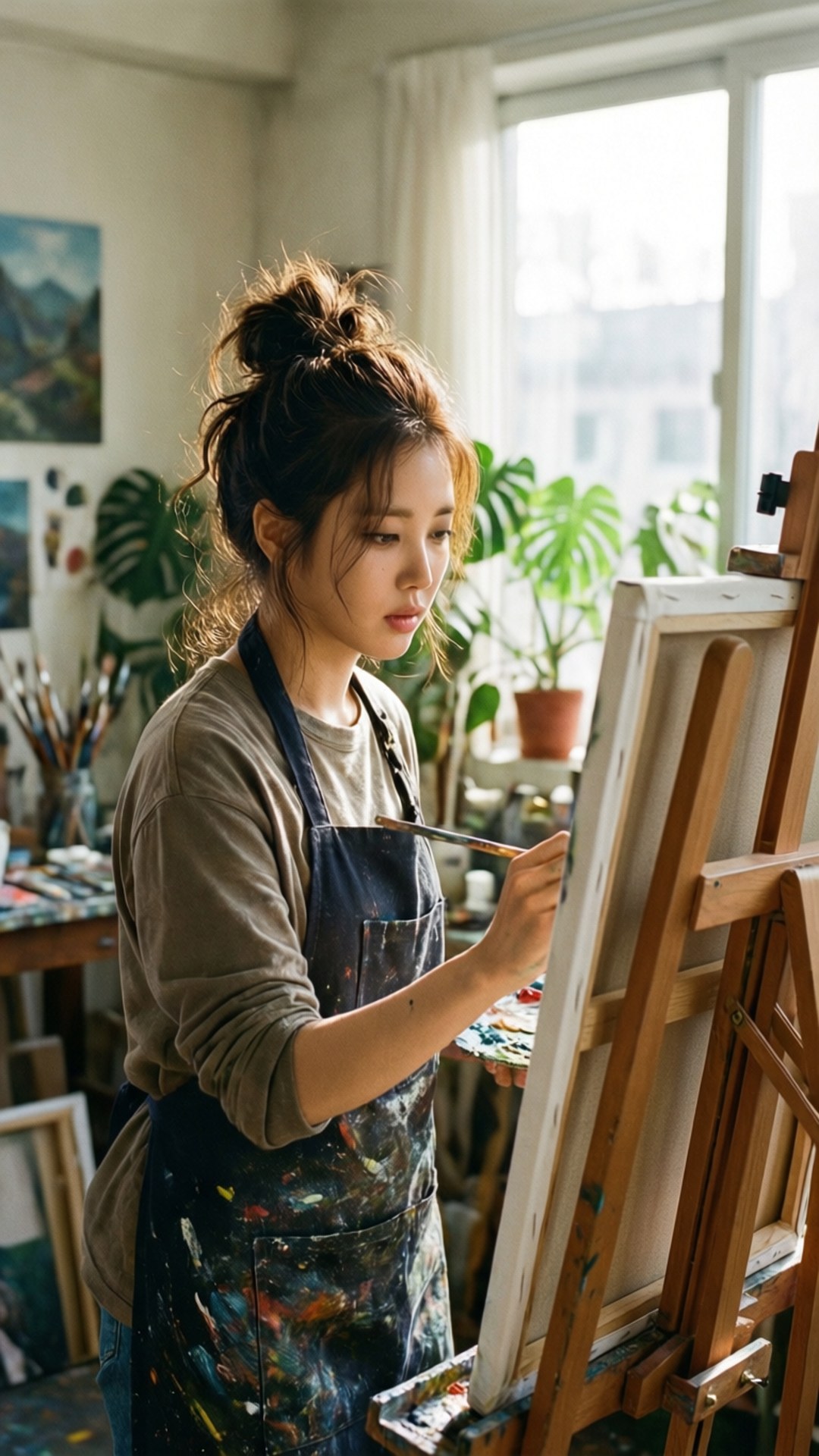 Artistic Escape 壁紙 — 一位專注的藝術家穿著沾滿油漆的圍裙，在充滿綠色植物和藝術用品的陽光工作室裡仔細地在畫布上繪畫。