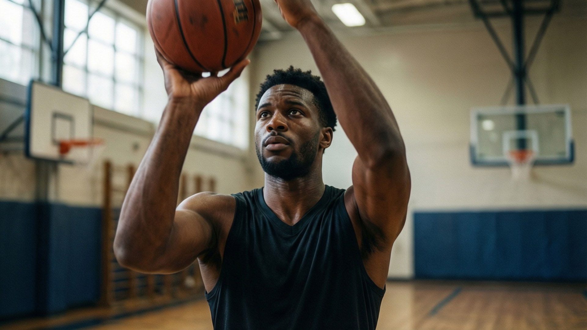 Free Throw Focus 壁紙 — 一個專注的籃球運動員穿著黑色背心，準備在一個有木地板和藍色軟墊牆壁的體育館投籃。