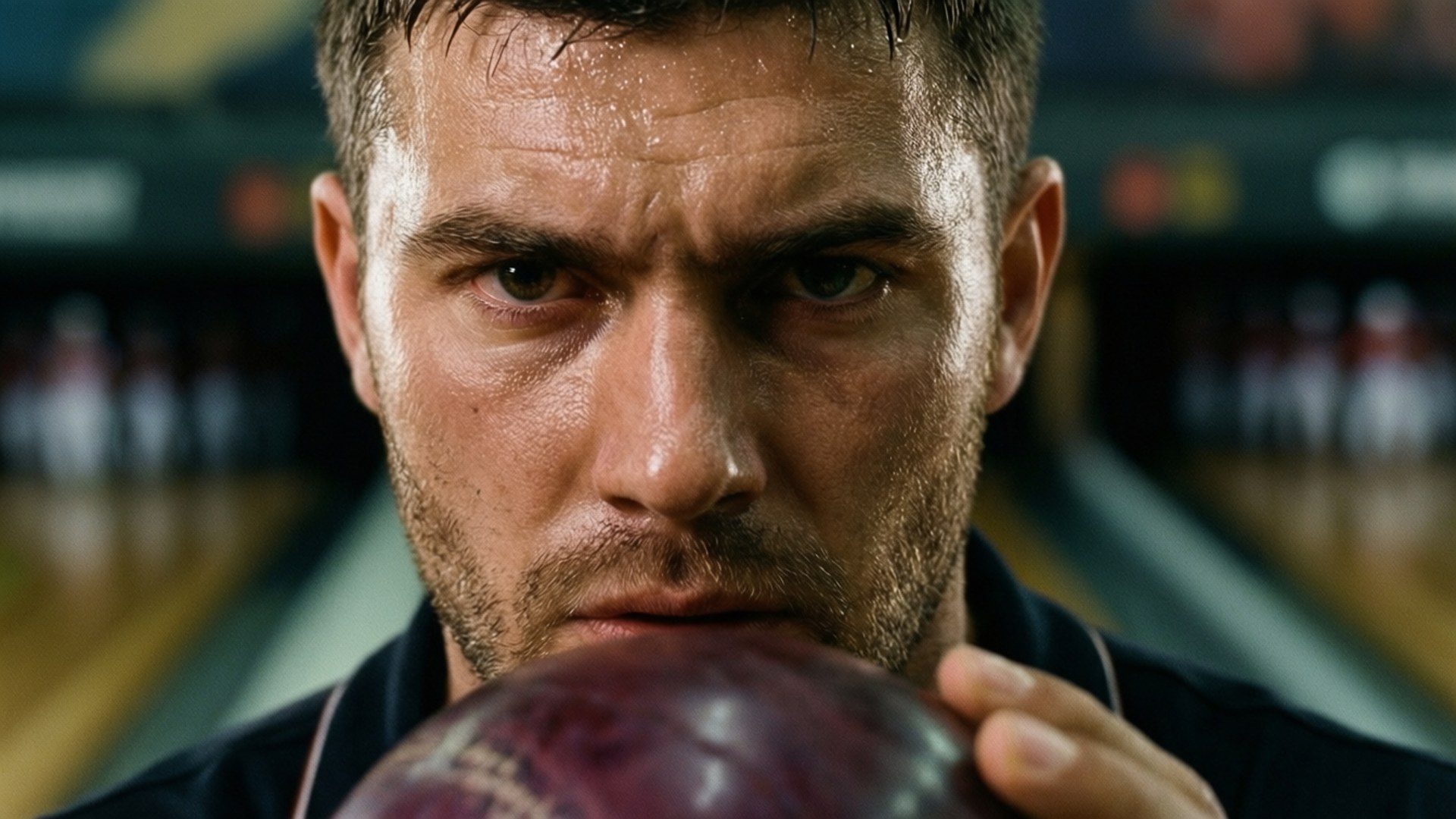 Focused Bowler 壁紙 — 一個專注的男性保齡球手在昏暗的球道上緊握紫色球，極度集中。