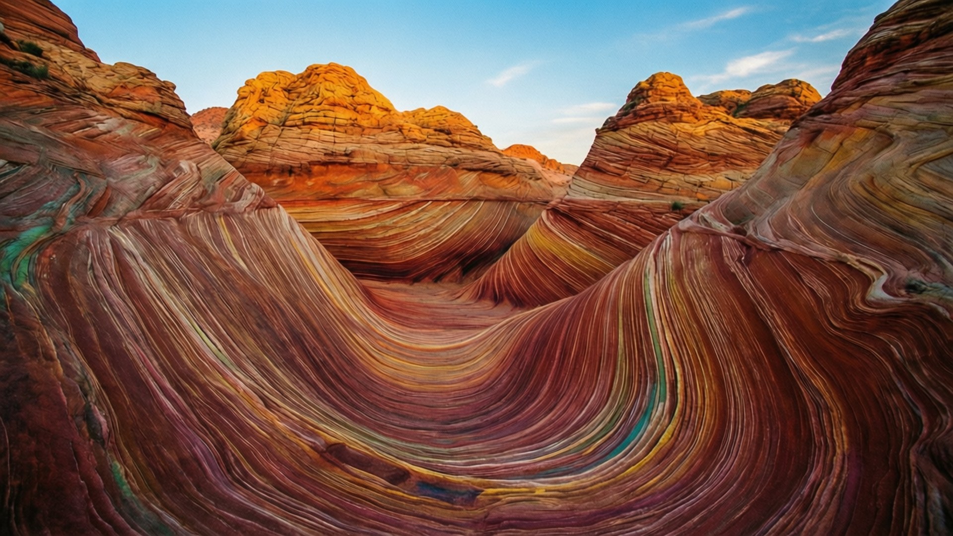 Desert Striped Rocks 壁紙 — 壯觀的漩渦狀多色砂岩層在金色時刻的清澈藍天下優雅地彎曲。