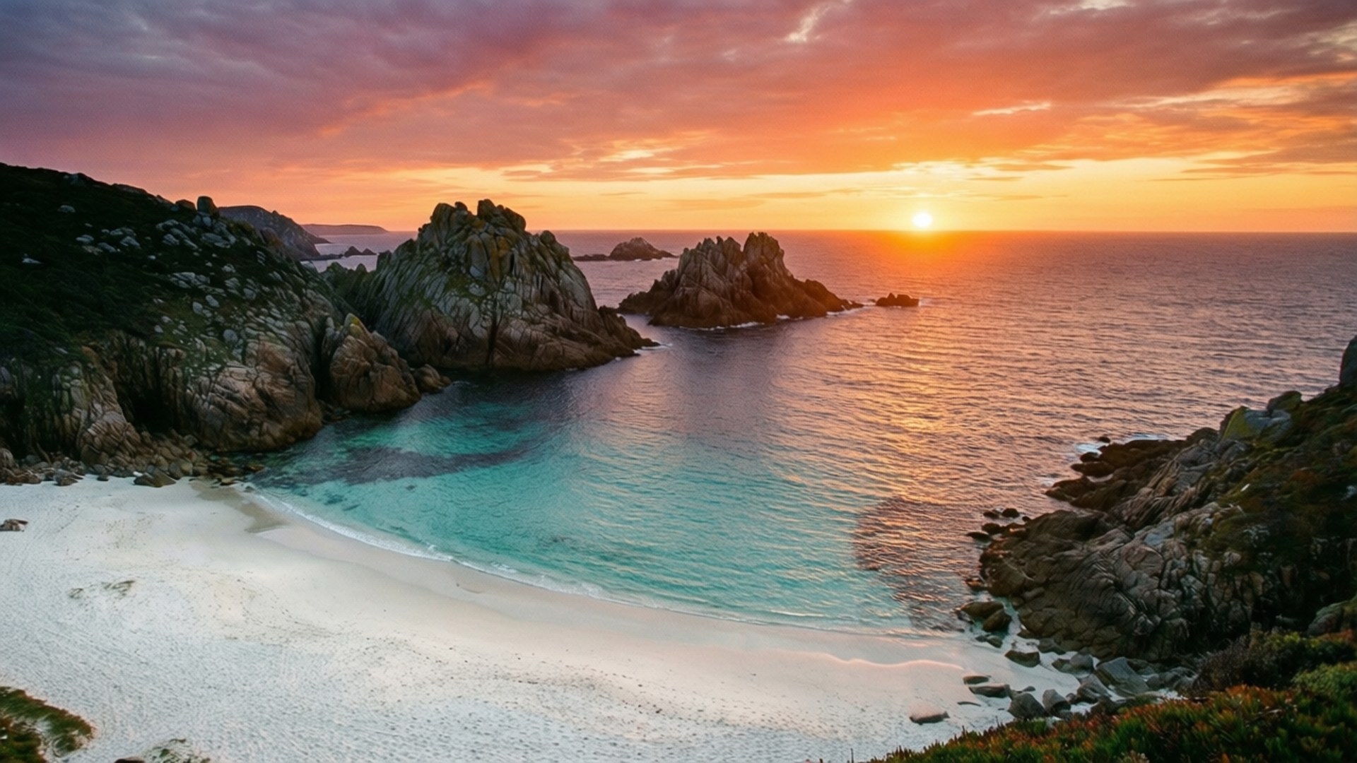 Cíes Islands Sunset 壁紙 — 壯麗的日落將一個僻靜的海灣，連同碧綠的海水、白色沙灘和崎嶇的懸崖，染成火熱的橙色和粉紅色。