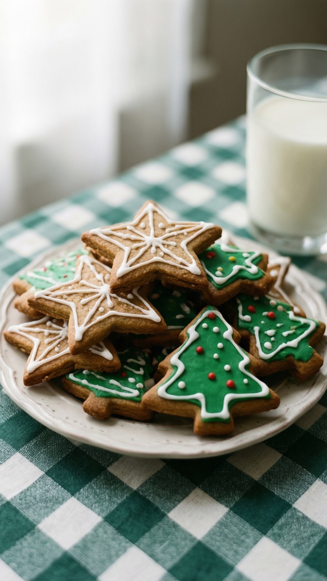 Christmas Cookies 壁紙 — 一個堆滿星形和樹形薑餅餅乾的盤子，餅乾以綠色、白色和紅色糖霜裝飾，旁邊放著一杯牛奶，放在綠色和白色格子桌布上。