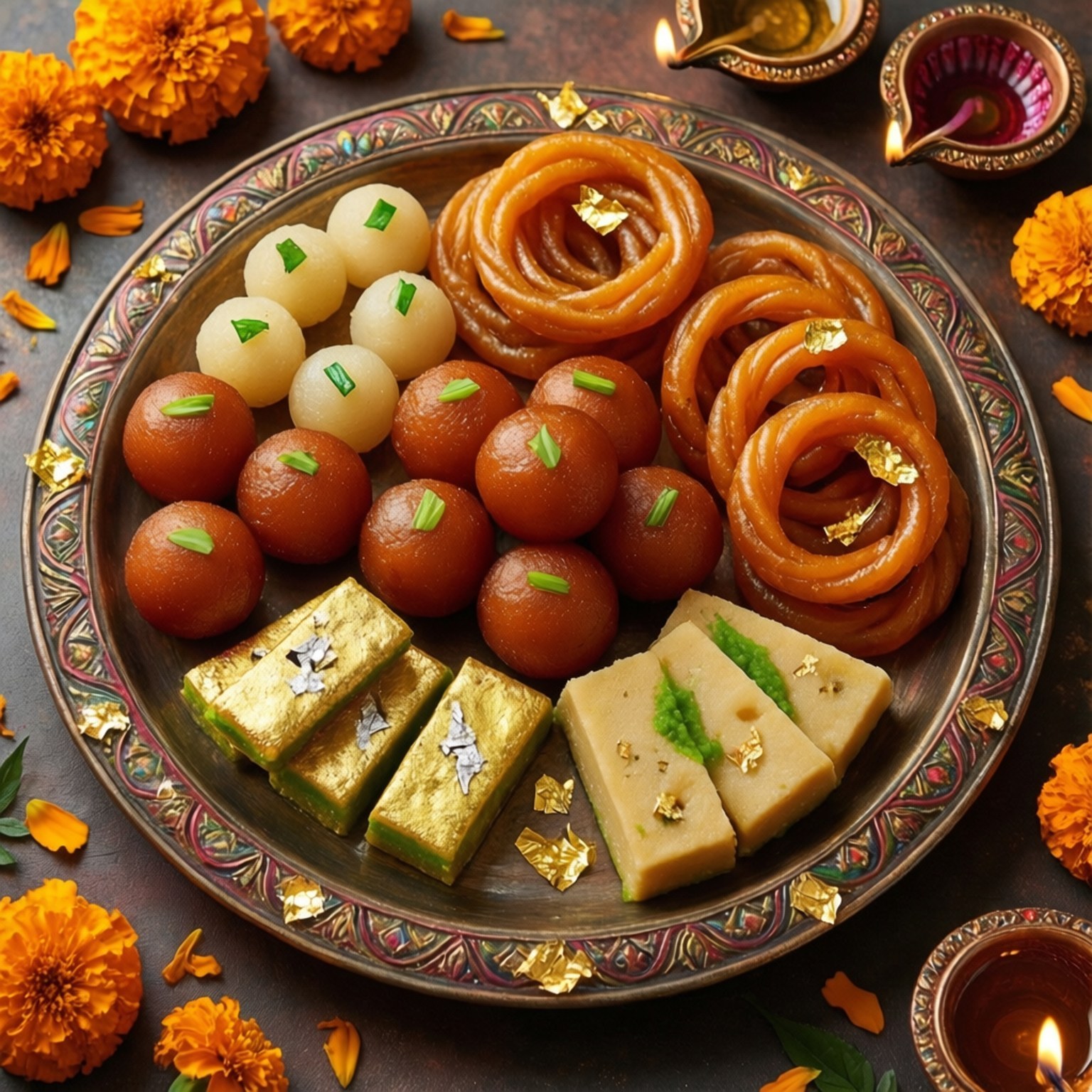 Diwali Sweets Platter 壁紙 — 一個裝飾盤盛載著金色jalebi、gulab jamun和barfi，周圍環繞著萬壽菊和點燃的油燈。