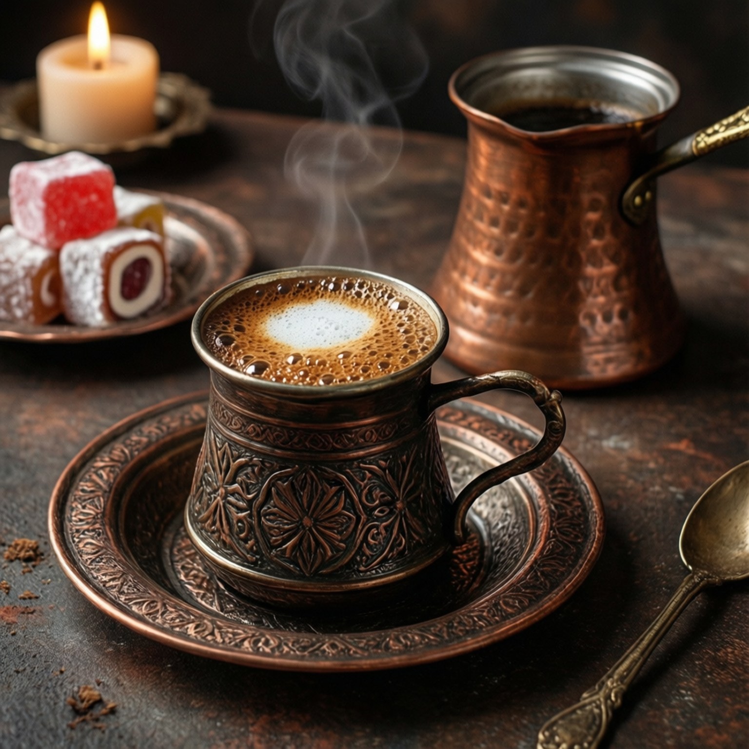 Turkish Coffee Ritual 壁紙 — 裝飾銅器中的冒煙土耳其咖啡，旁邊有甜糕點和點燃的蠟燭，放在鄉村風格的桌子上。