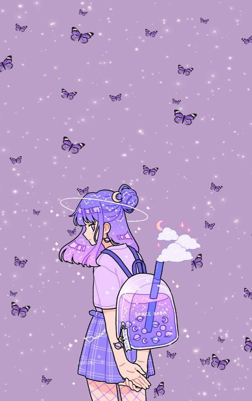  壁紙 — 一位紫髮動漫女孩背著太空主題背包，站在滿是蝴蝶的星空下。