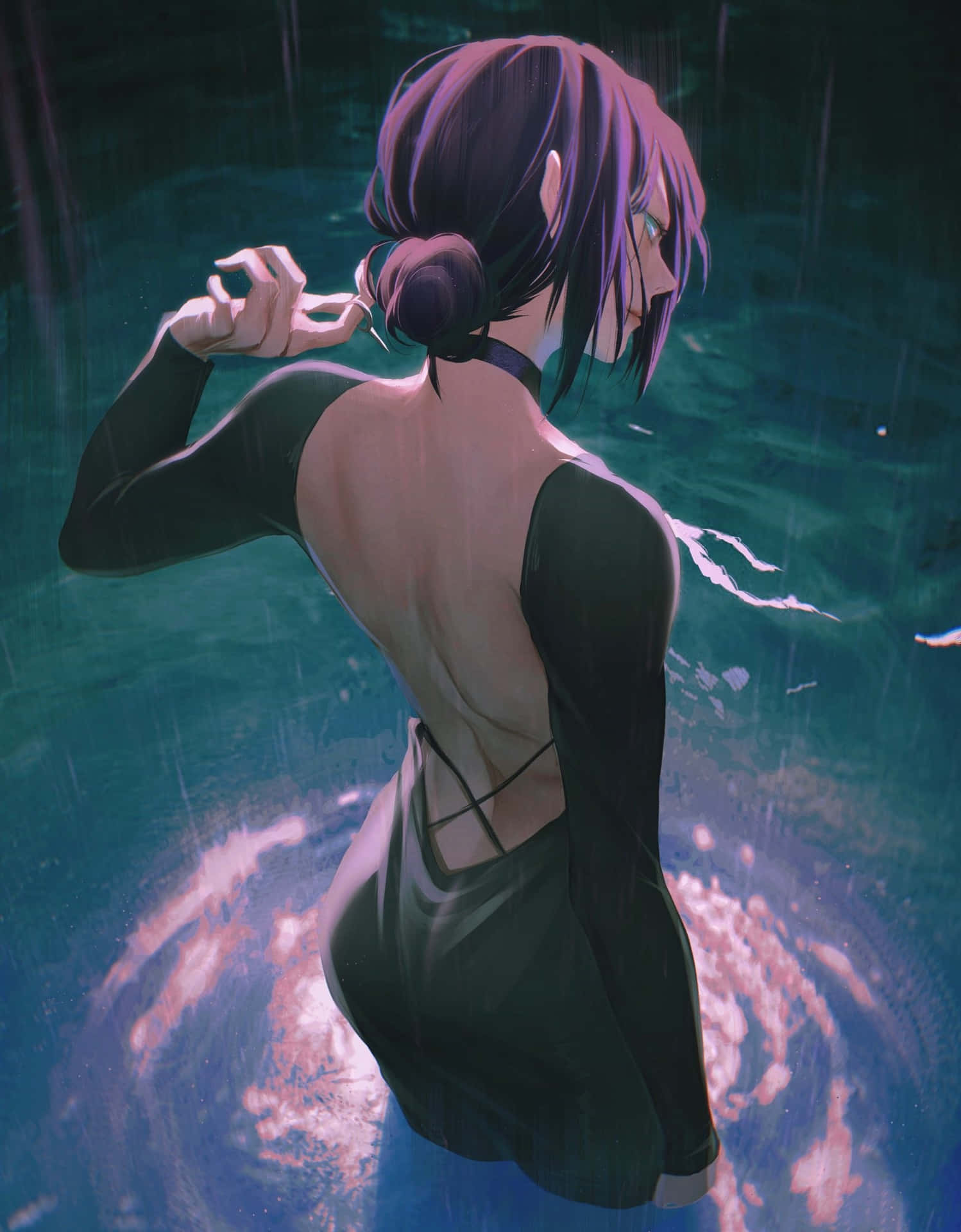  壁紙 — 一個紫髮動漫女孩穿著黑色連衣裙，站在旋轉的藍綠色水中，周圍下著雨。